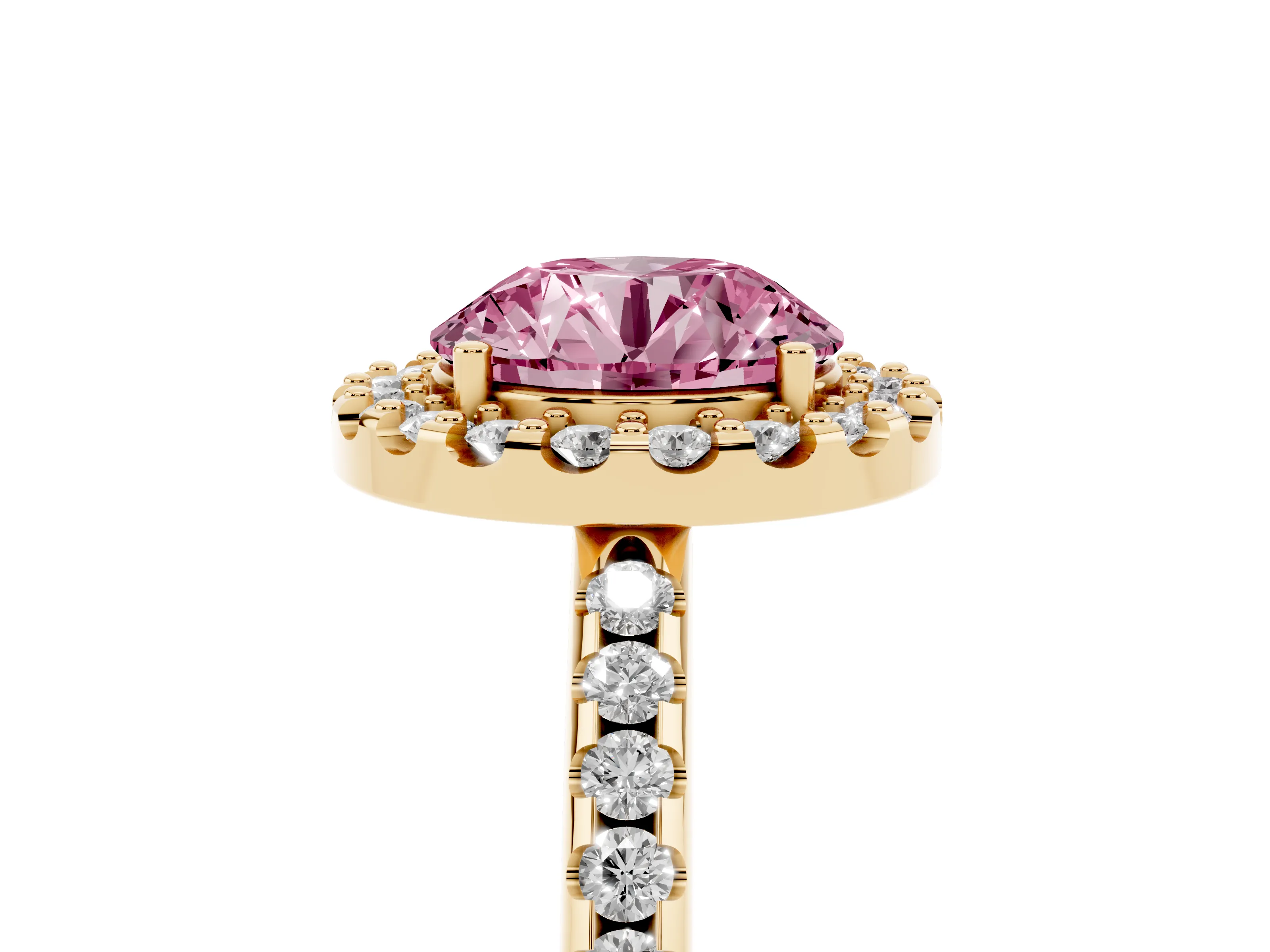 Fancy Pink Round Cut Diamond Pavé Halo Ring Set in Yellow gold with Prong Setting
