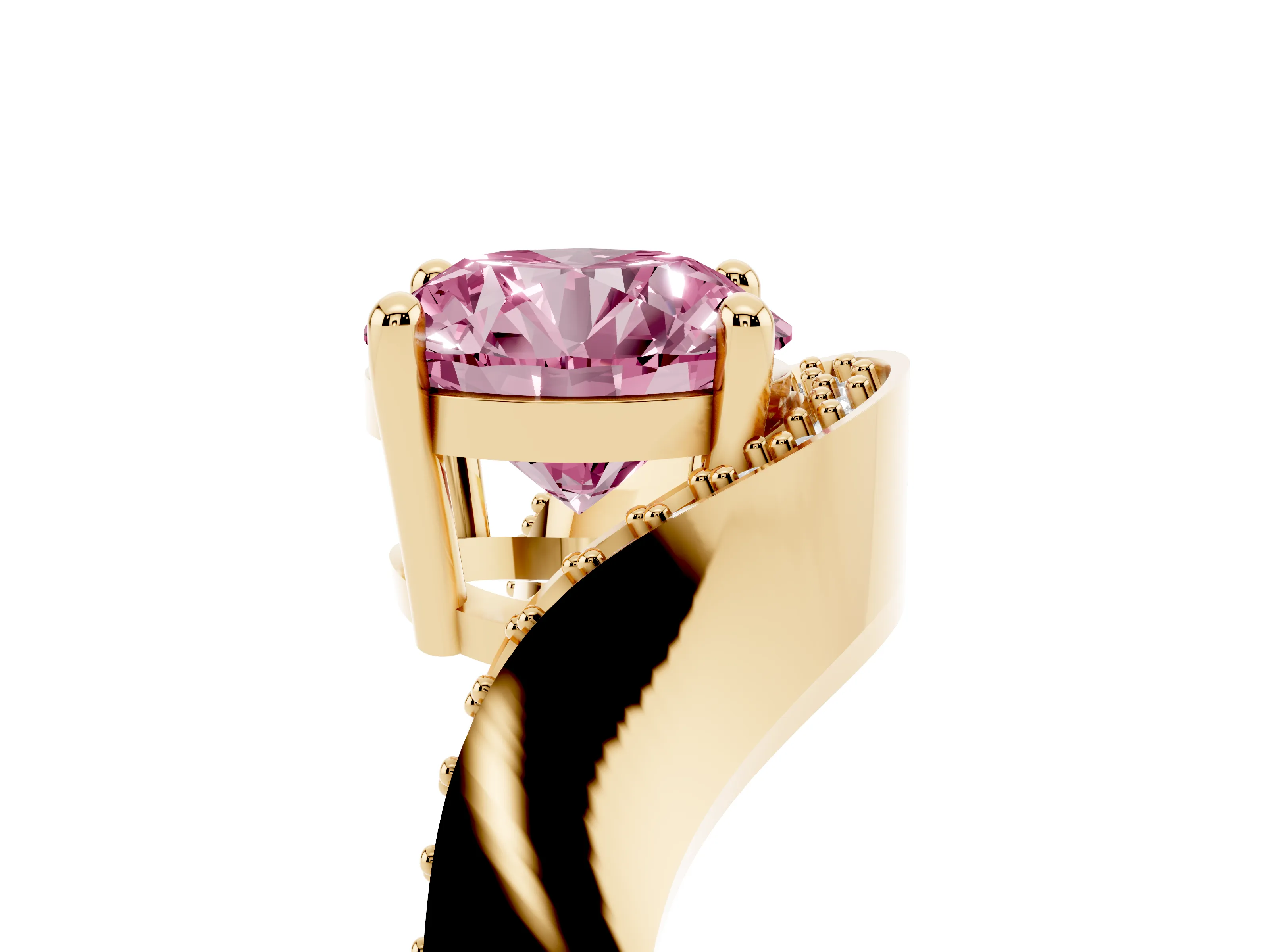 Fancy Pink Round Cut Diamond Solitaire Engagement Ring Set in Yellow gold with Pavé Shoulders