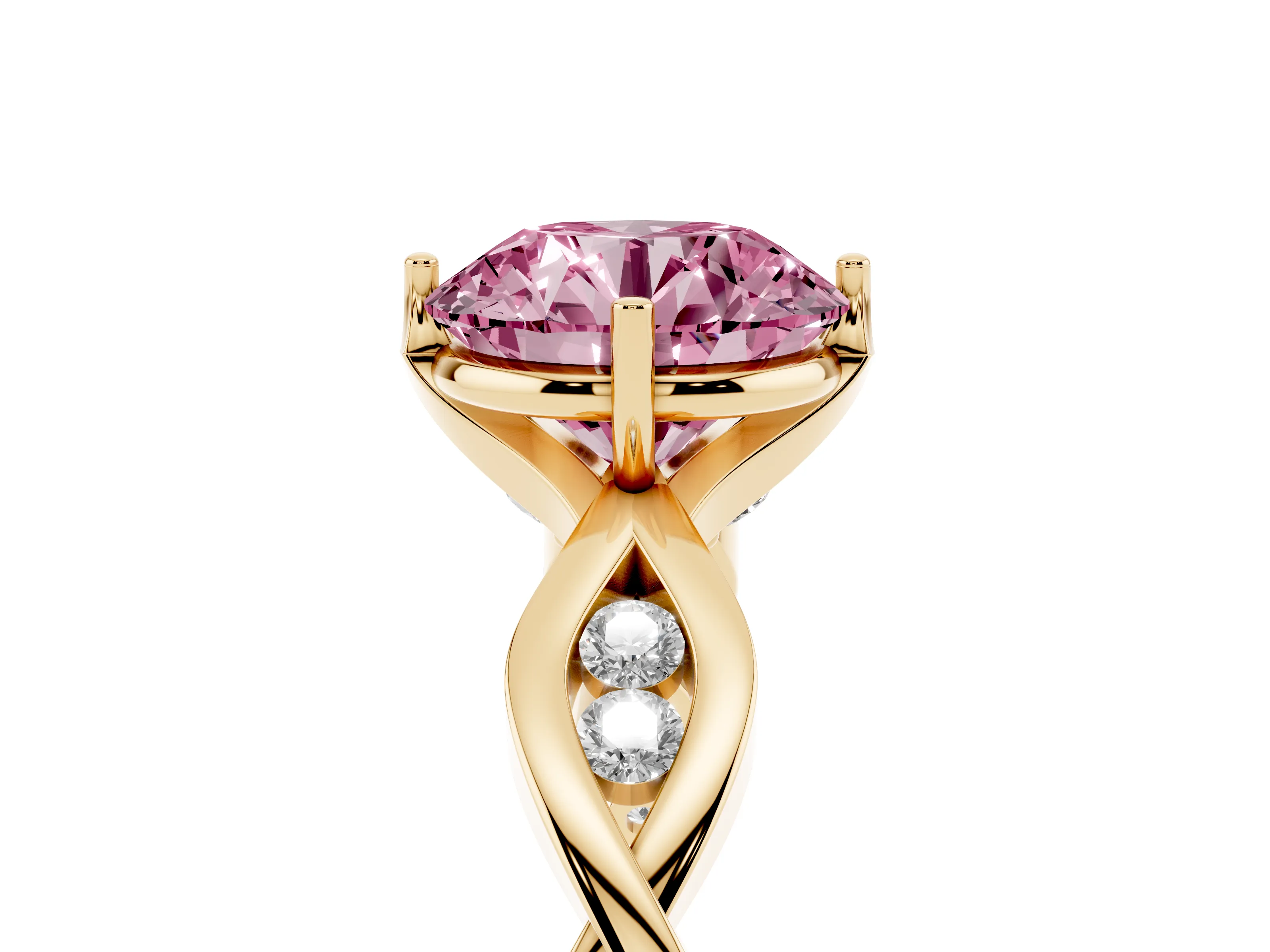 Fancy Pink Round Cut Diamond Twist Band Solitaire Ring Set in Yellow gold with Leaf Prong Setting and Accent Stones