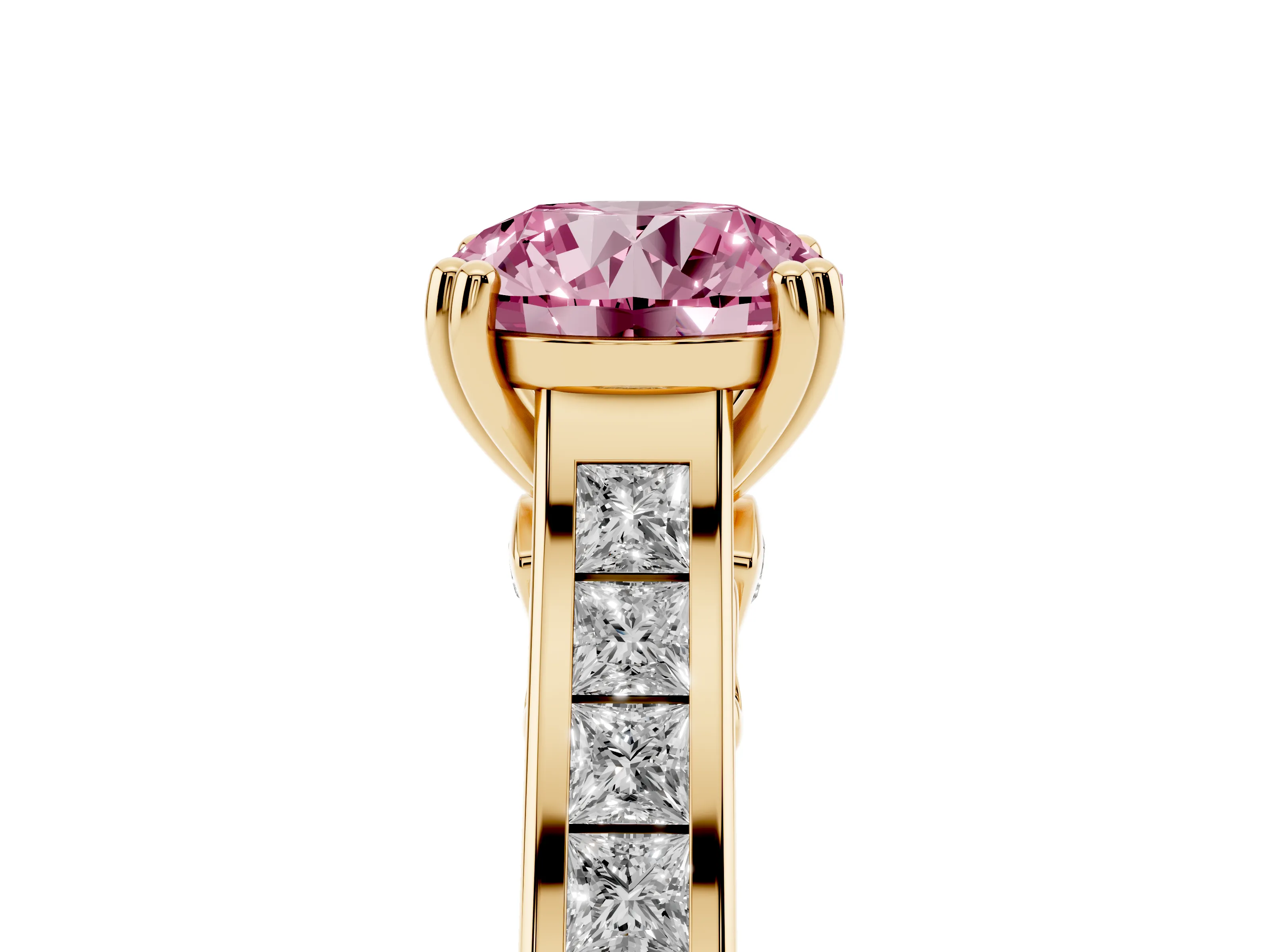 Fancy Pink Round Cut Diamond Channel Set Solitaire Engagement Ring Set in Yellow gold with Prong Setting