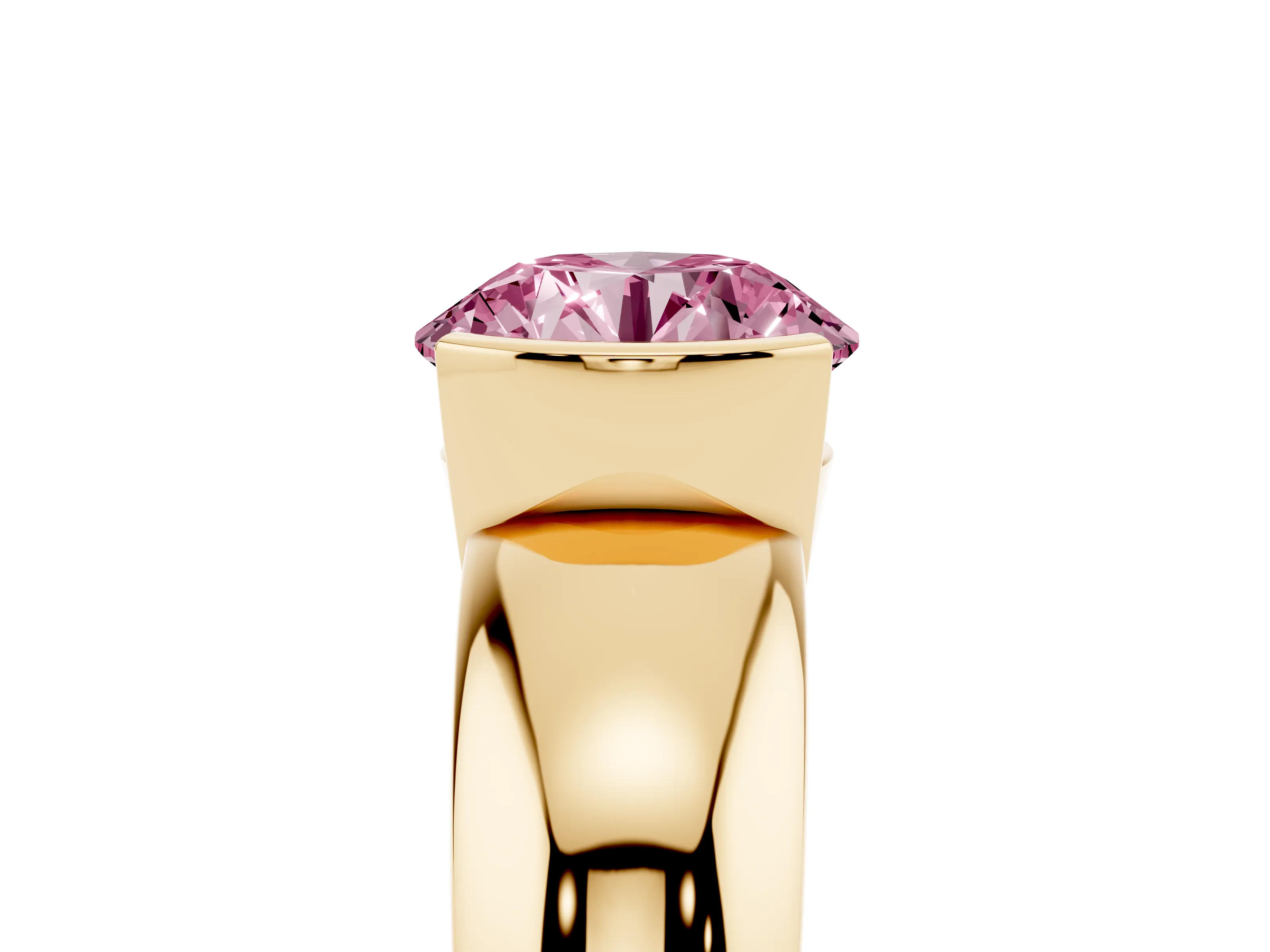Fancy Pink Round Cut Diamond Solitaire Tension Set Ring Set in Yellow gold with Wide Band