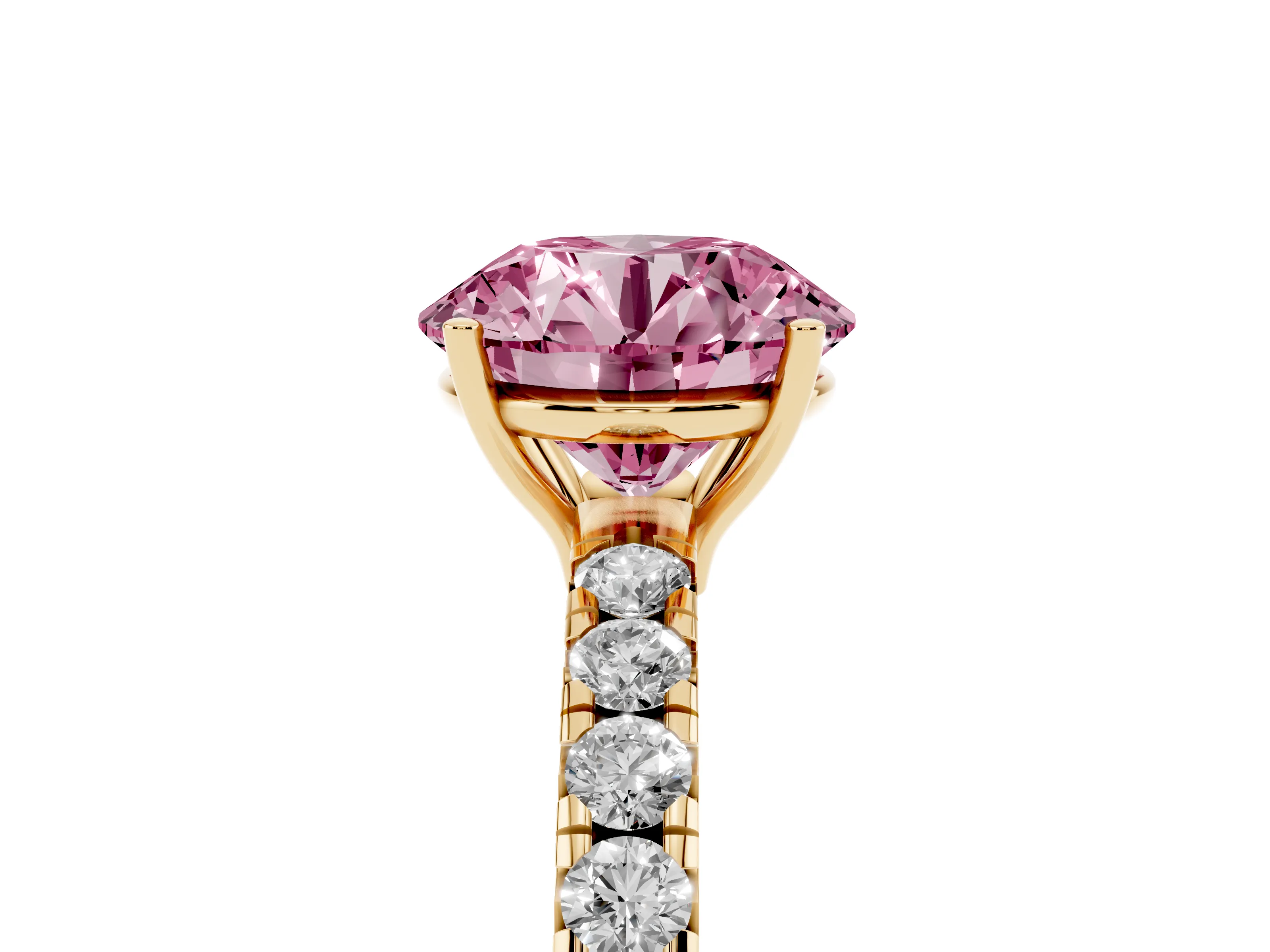 Fancy Pink Round Cut Diamond Pavé Solitaire Engagement Ring Set in Yellow gold with Prong Setting