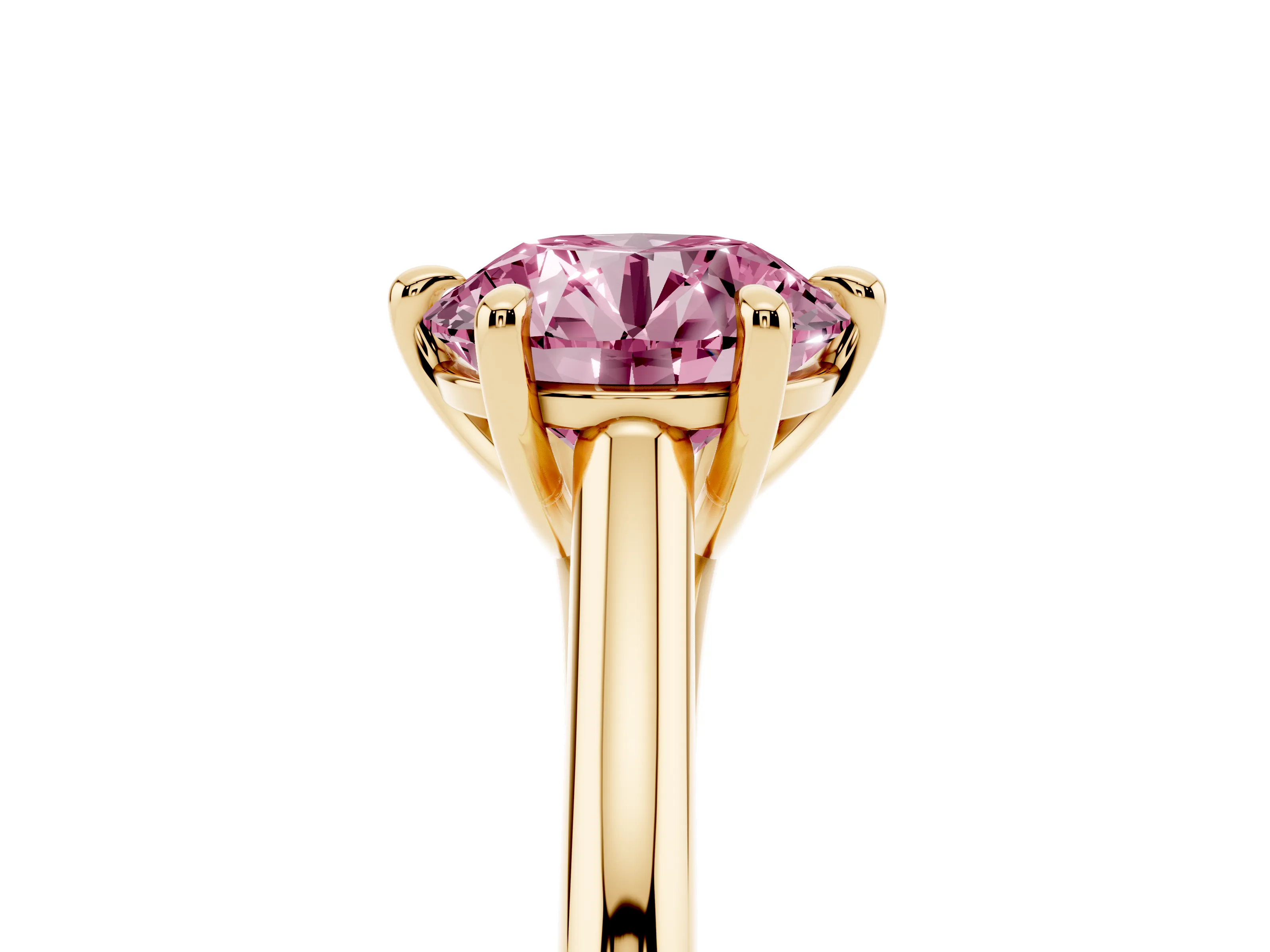 Fancy Pink Round Cut Diamond Solitaire Engagement Ring Set in Yellow gold with Prong Setting and Plain Classic Band