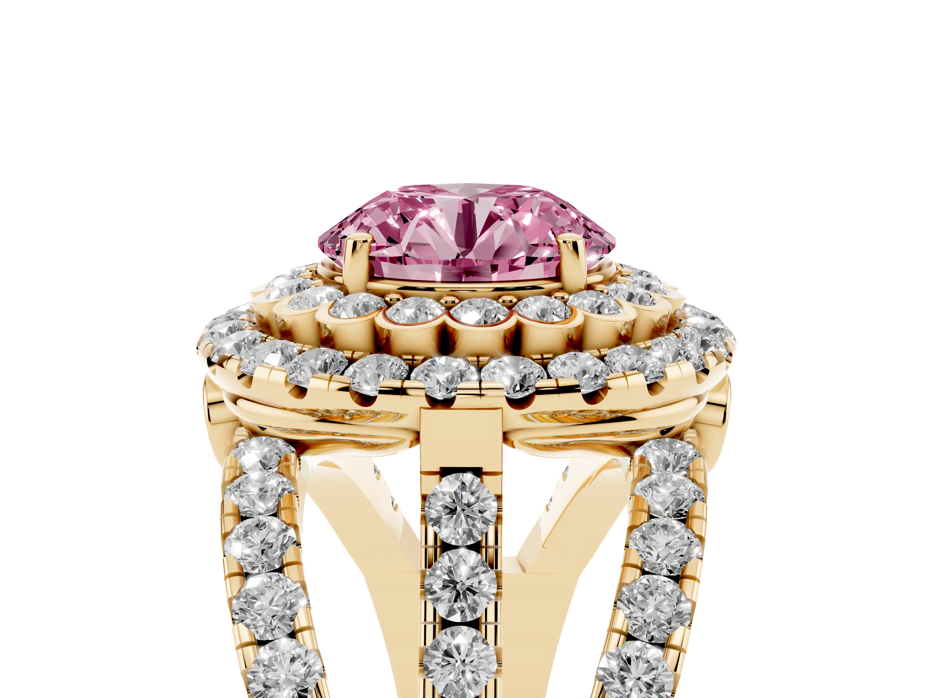 Fancy Pink Round Cut Diamond Double Halo Ring Set in Yellow gold with Round Pavé Split Shank