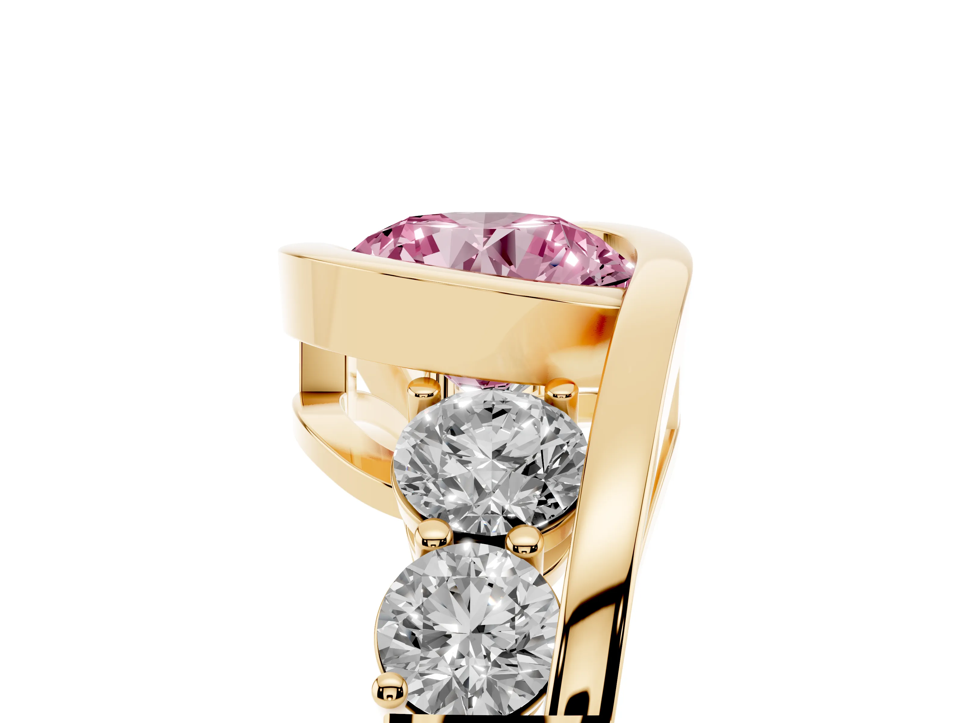 Fancy Pink Round Cut Diamond Bezel Bypass Ring Set in Yellow gold with Round Accents