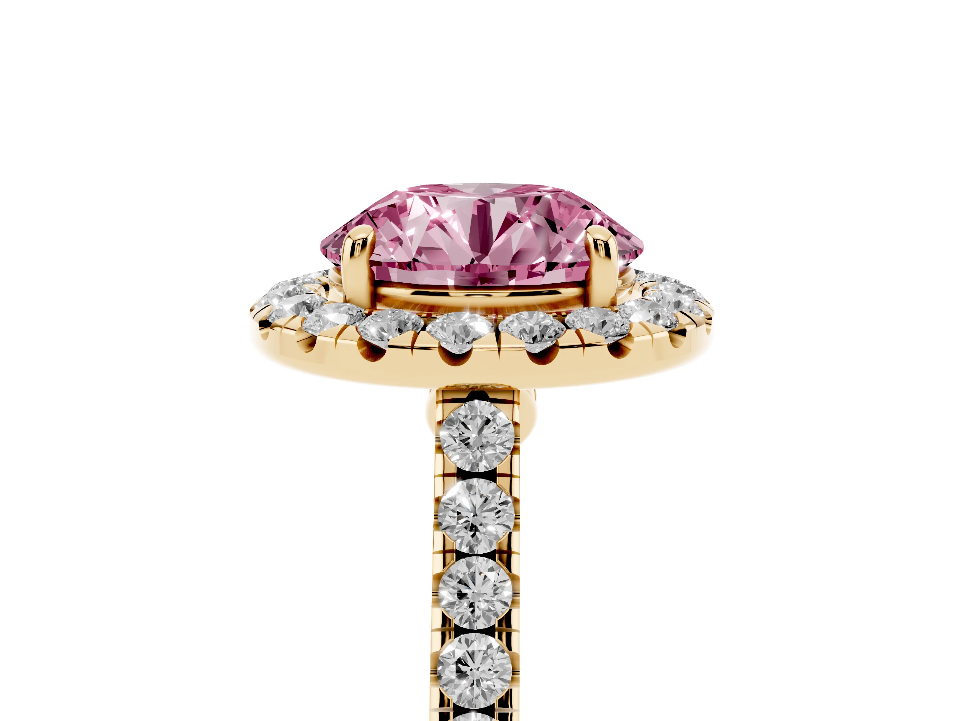 Fancy Pink Round Cut Diamond Halo Pavé Engagement Ring Set in Yellow gold with Prong Setting