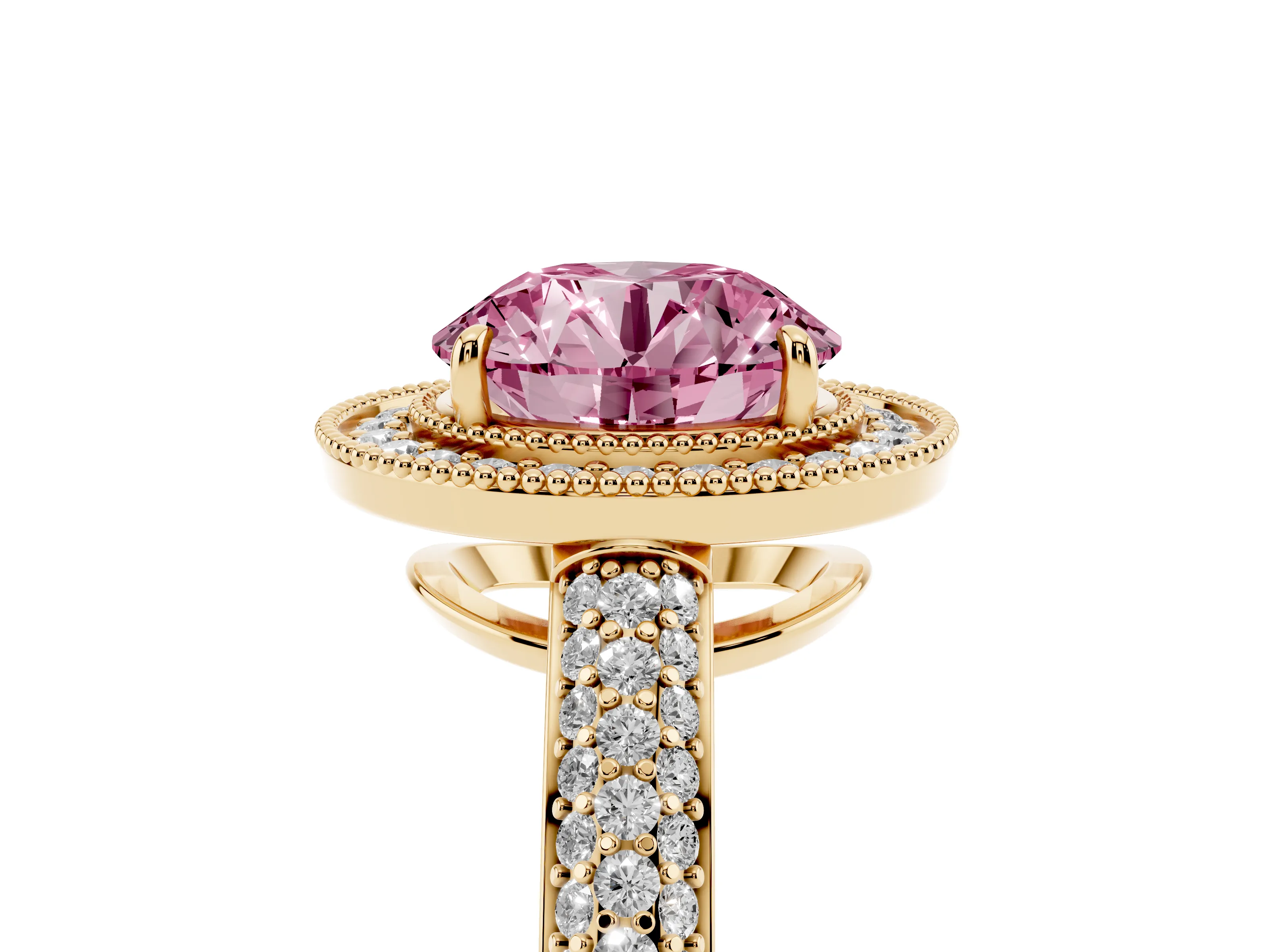 Fancy Pink Round Cut Diamond Halo Pavé Band Set in Yellow gold with Prong Setting