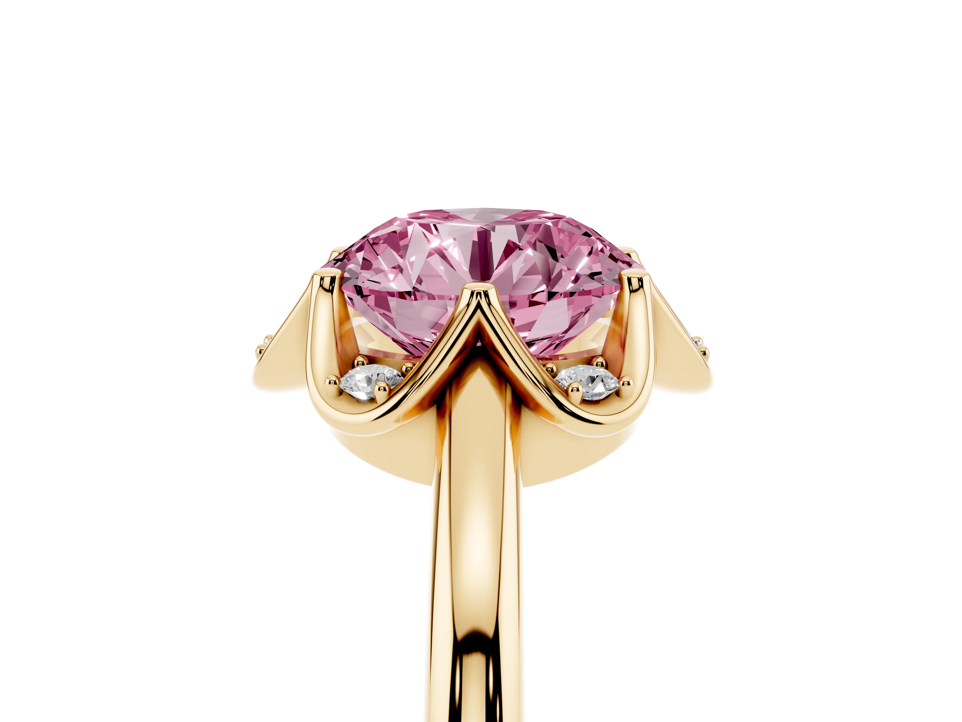 Fancy Pink Round Cut Diamond Round Cluster Halo Ring Set in Yellow gold with Solitaire Band and Prong Setting