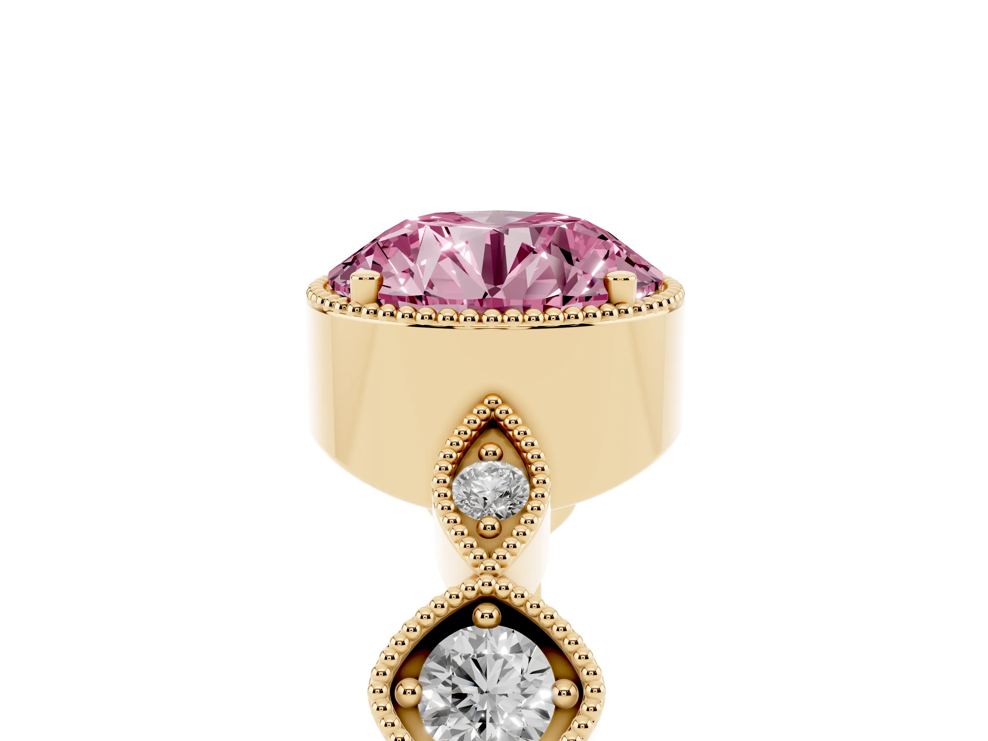 Fancy Pink Round Cut Diamond Vintage-Inspired Milgrain Ring Set in Yellow gold with Marquise Stations of Round Accents