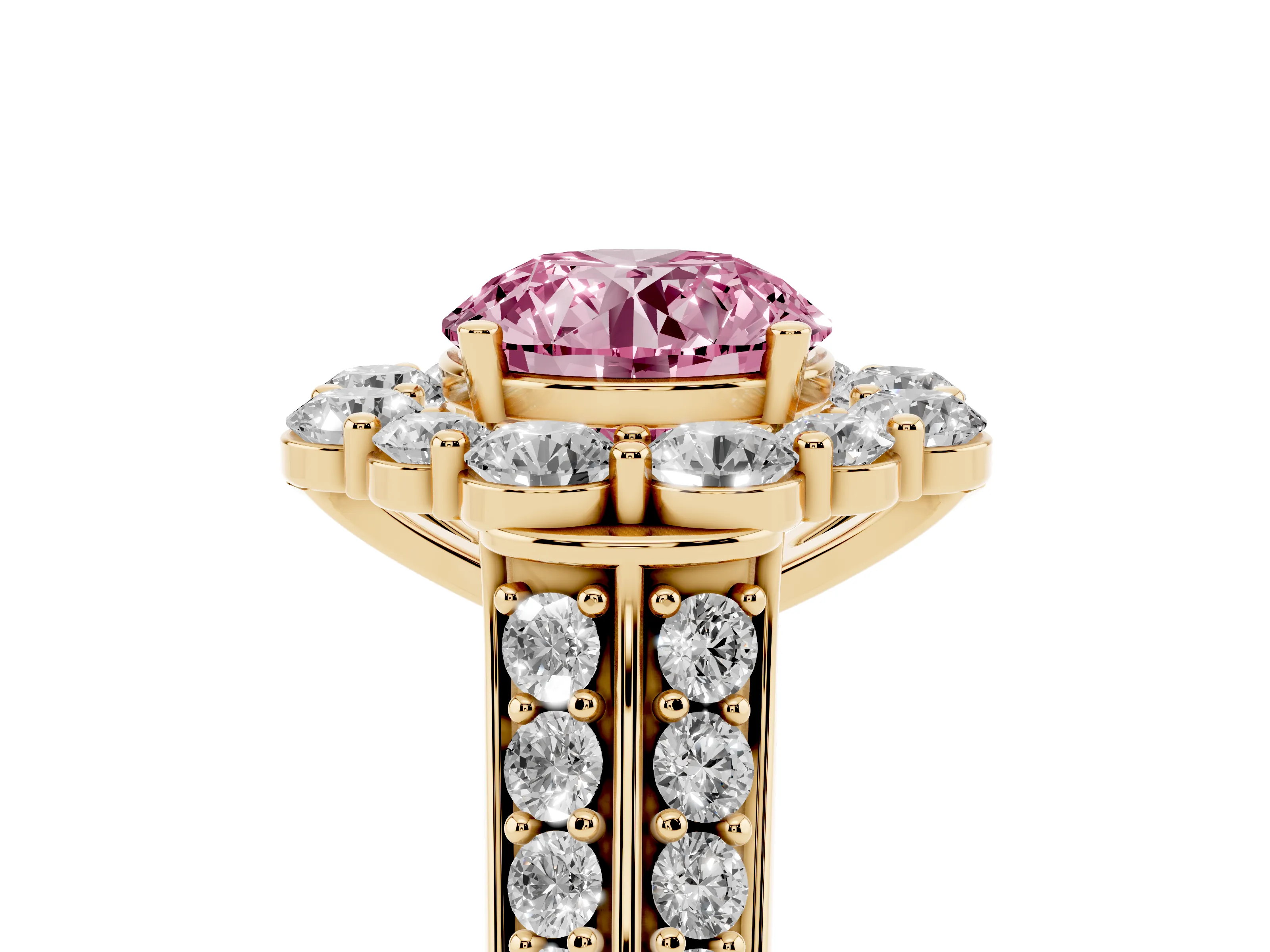 Fancy Pink Round Cut Diamond Halo Engagement Ring Set in Yellow gold with Split Shank and Prong Setting
