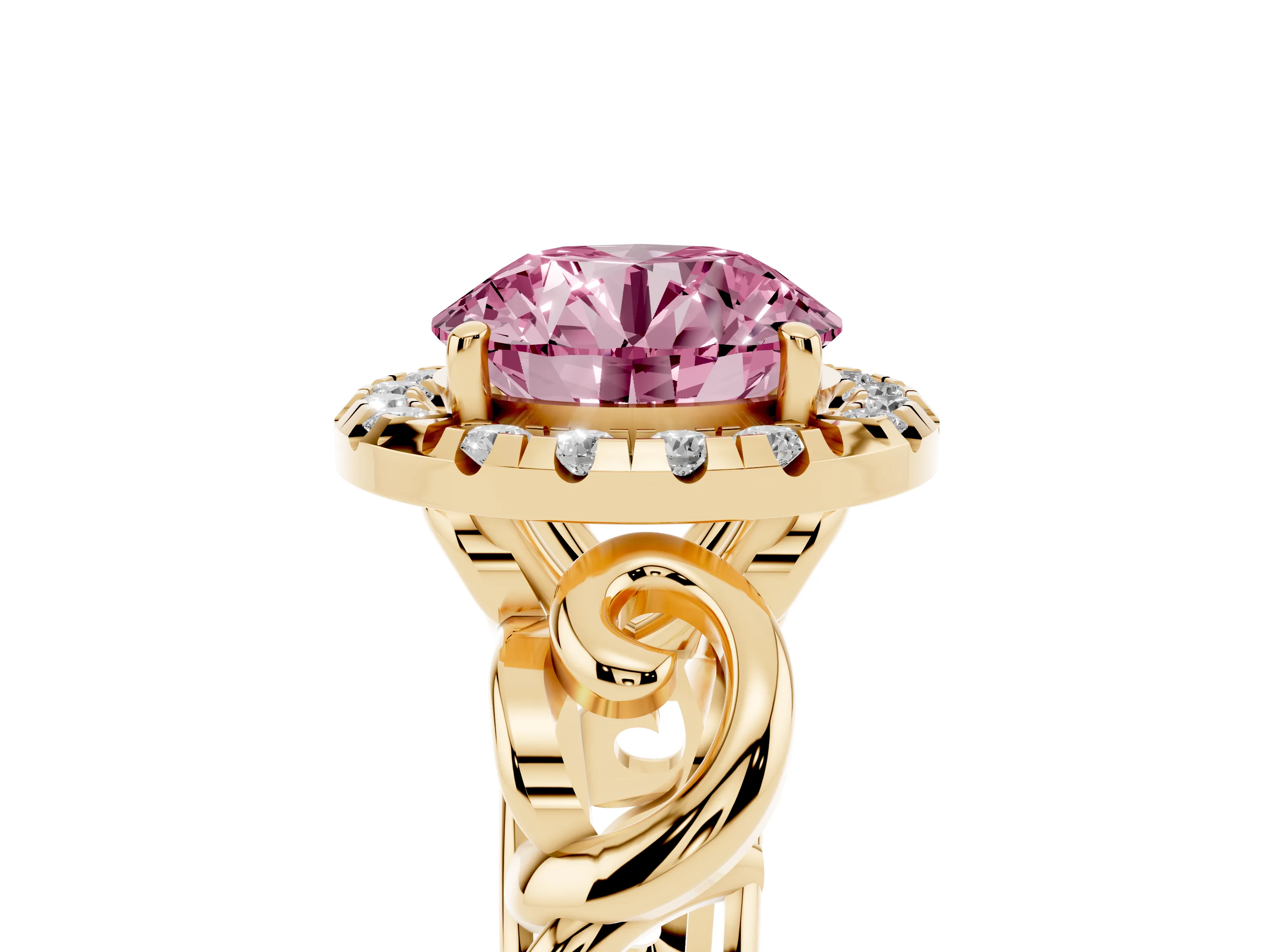 Fancy Pink Round Cut Diamond Halo Ring Set in Yellow gold with Scrollwork Band and Prong Setting