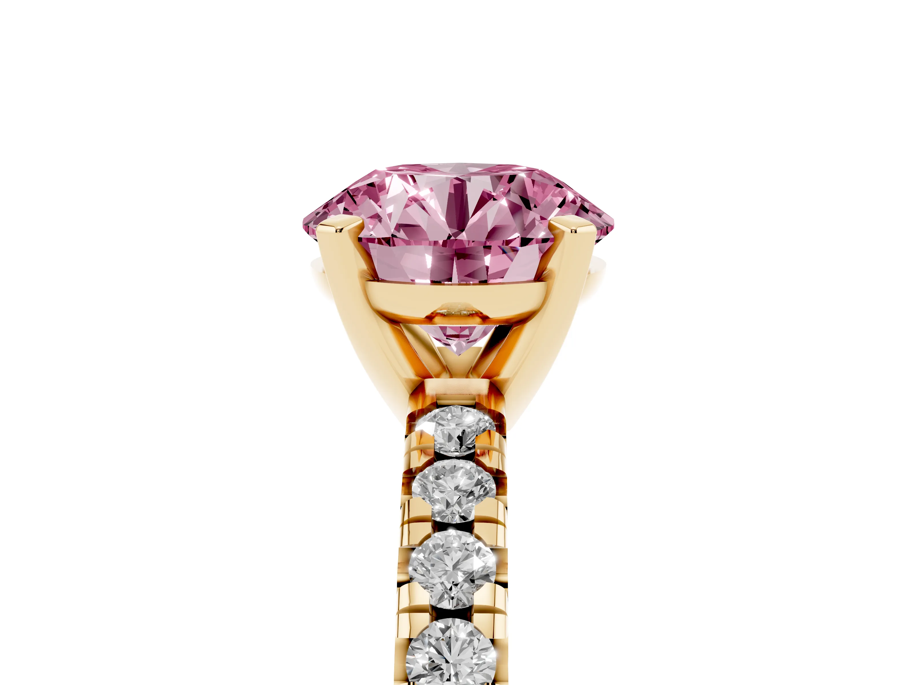 Fancy Pink Round Cut Diamond Solitaire Pavé Engagement Ring Set in Yellow gold with Round Band and Prong Setting