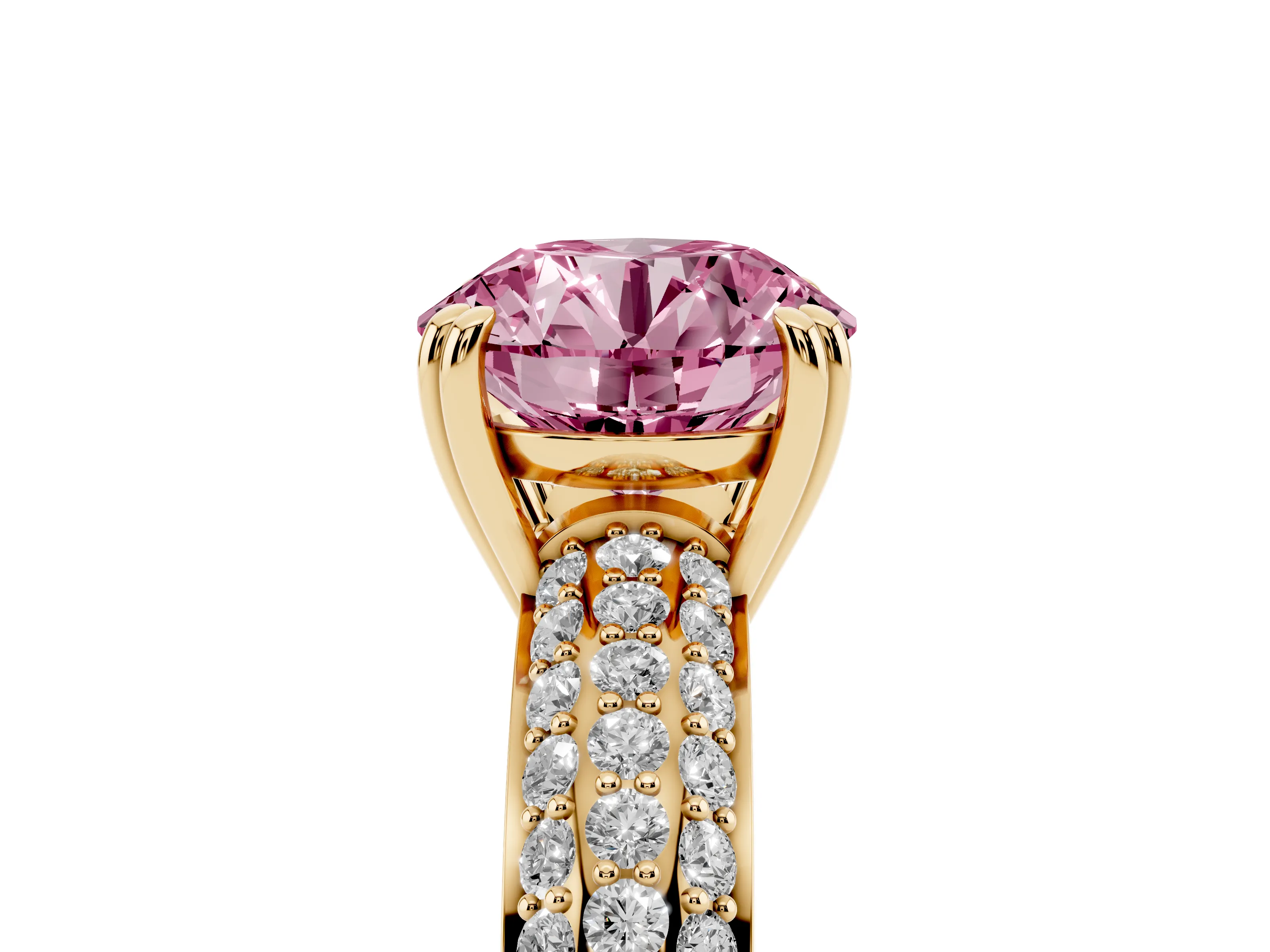 Fancy Pink Round Cut Diamond Solitaire Ring Set in Yellow gold with Multi-Row Round Pavé Band and Prong Setting