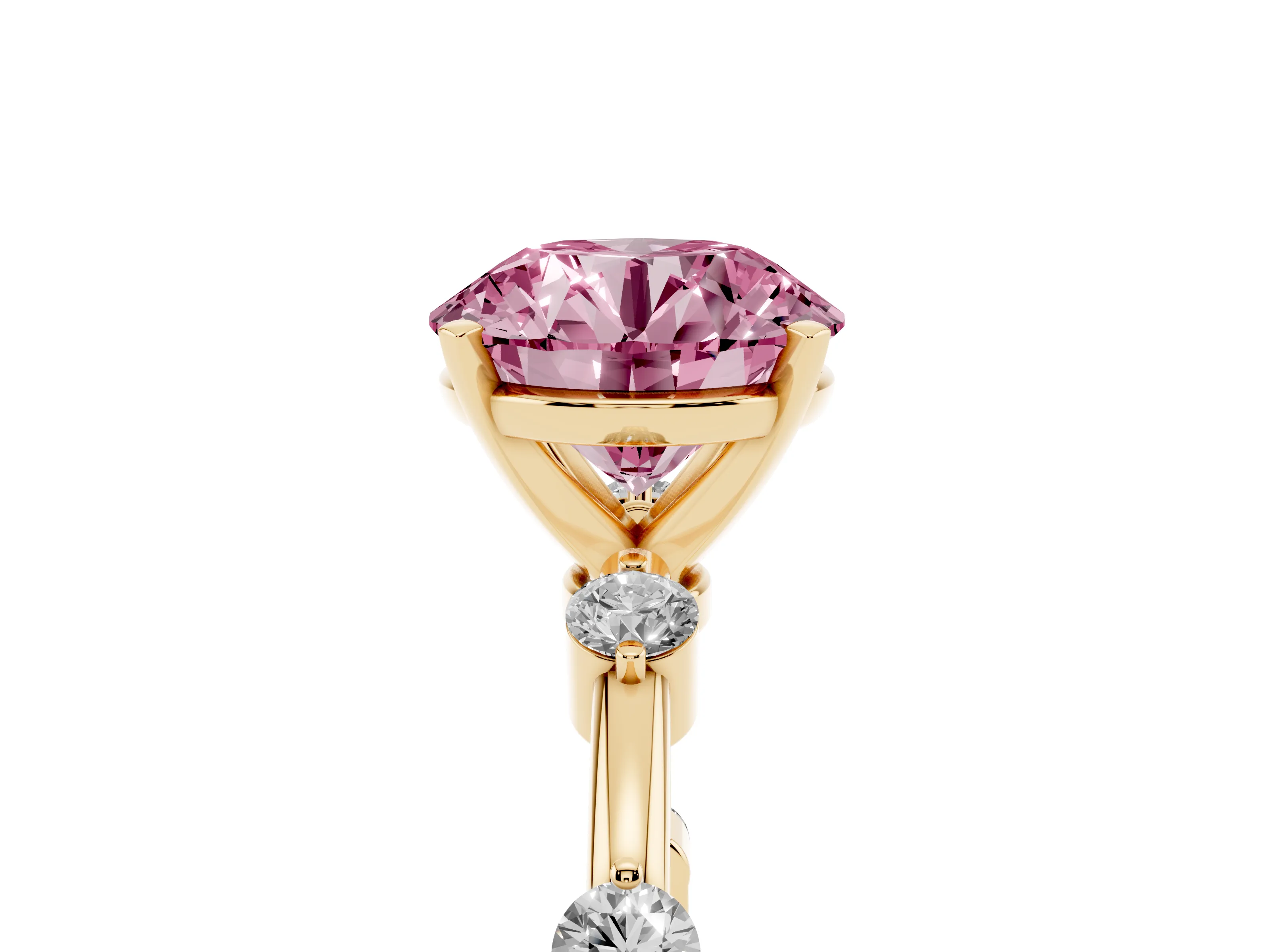 Fancy Pink Round Cut Diamond Solitaire Ring Set in Yellow gold with Bezel Set Side Stones and Prong Setting