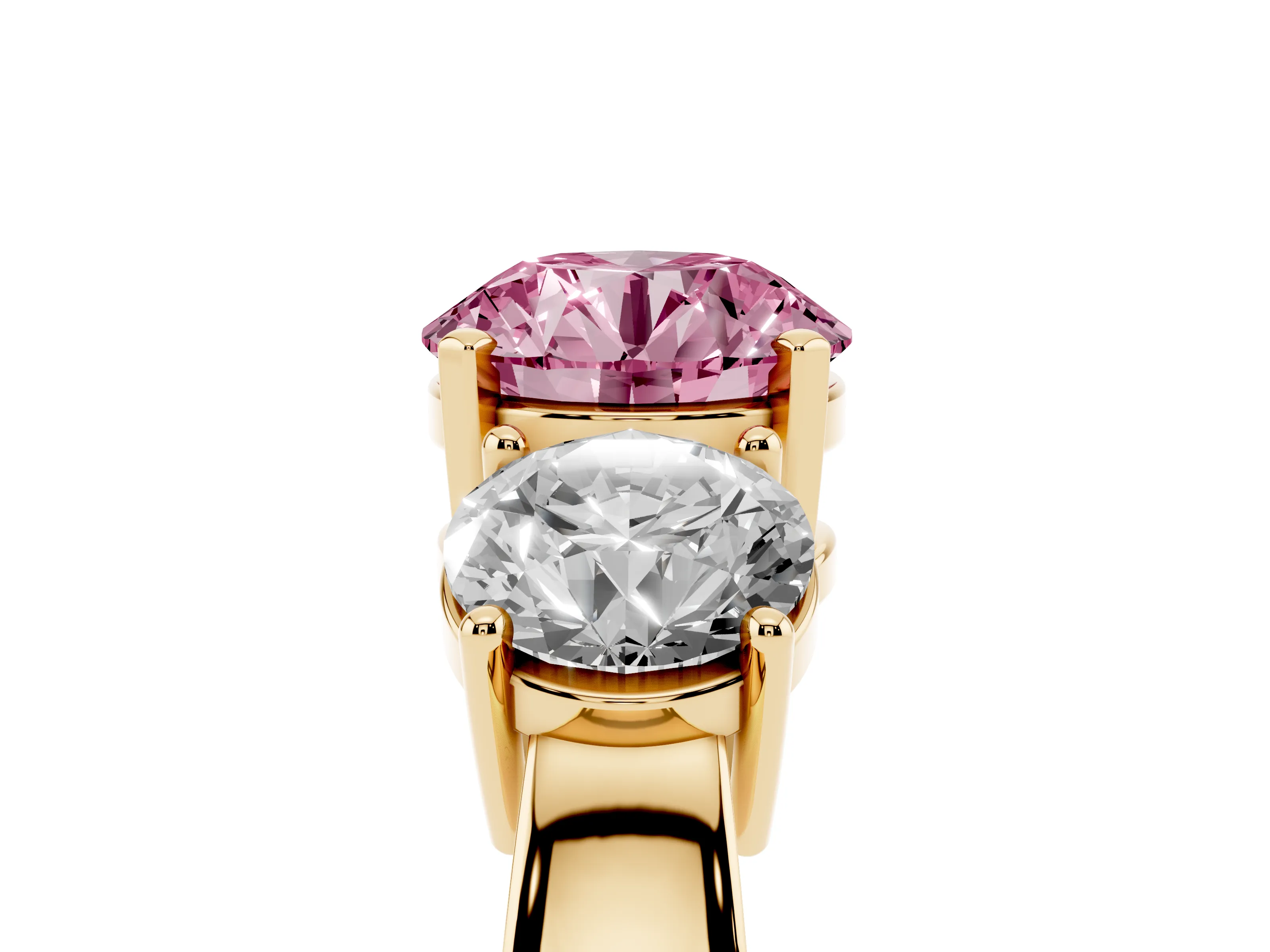 Fancy Pink Round Cut Diamond Three-Stone Ring Set in Yellow gold with Round Side Stones and Classic Band