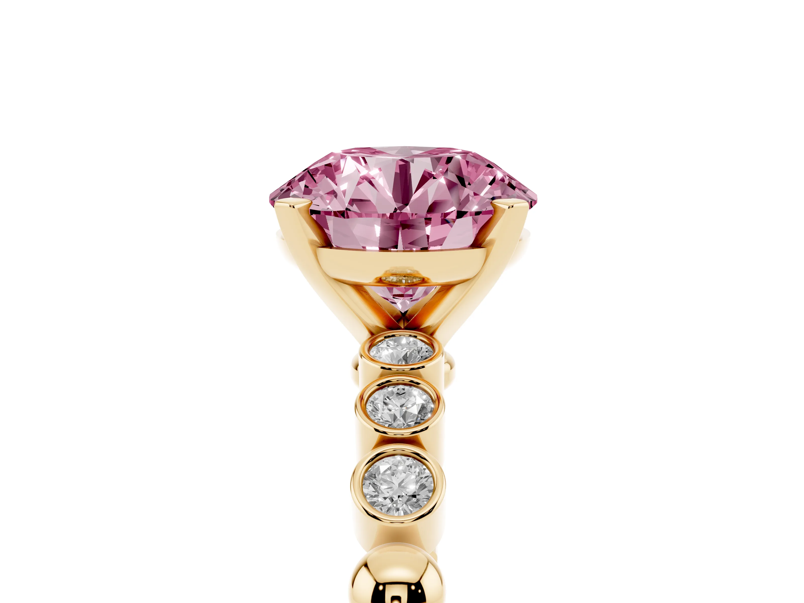 Fancy Pink Round Cut Diamond Solitaire Engagement Ring Set in Yellow gold with Bezel Accents on Beaded Band