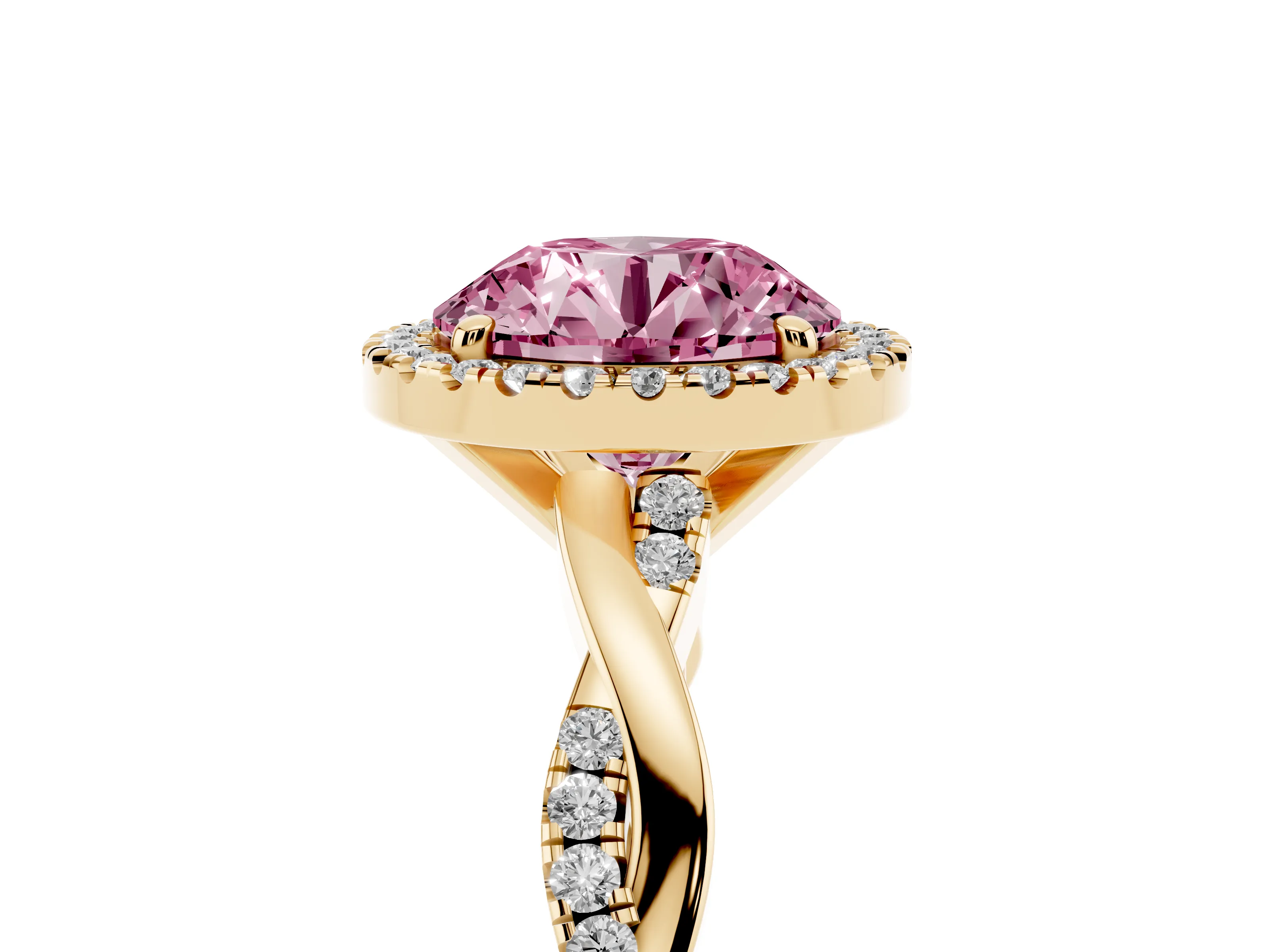 Fancy Pink Round Cut Diamond Halo Twisted Band Ring Set in Yellow gold with Prong Setting