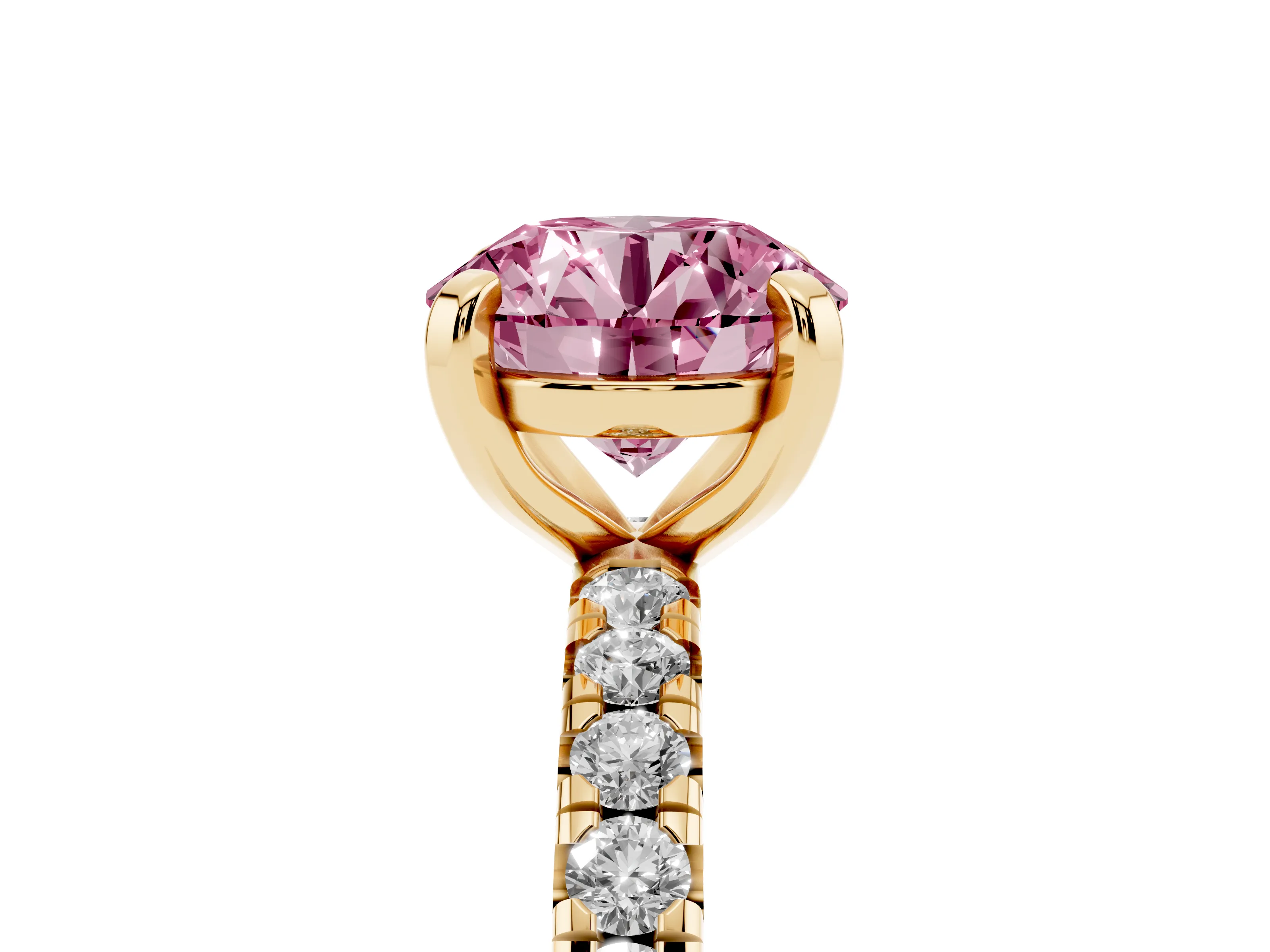 Fancy Pink Round Cut Diamond Pavé Solitaire Ring Set in Yellow gold with Round Band and Prong Setting