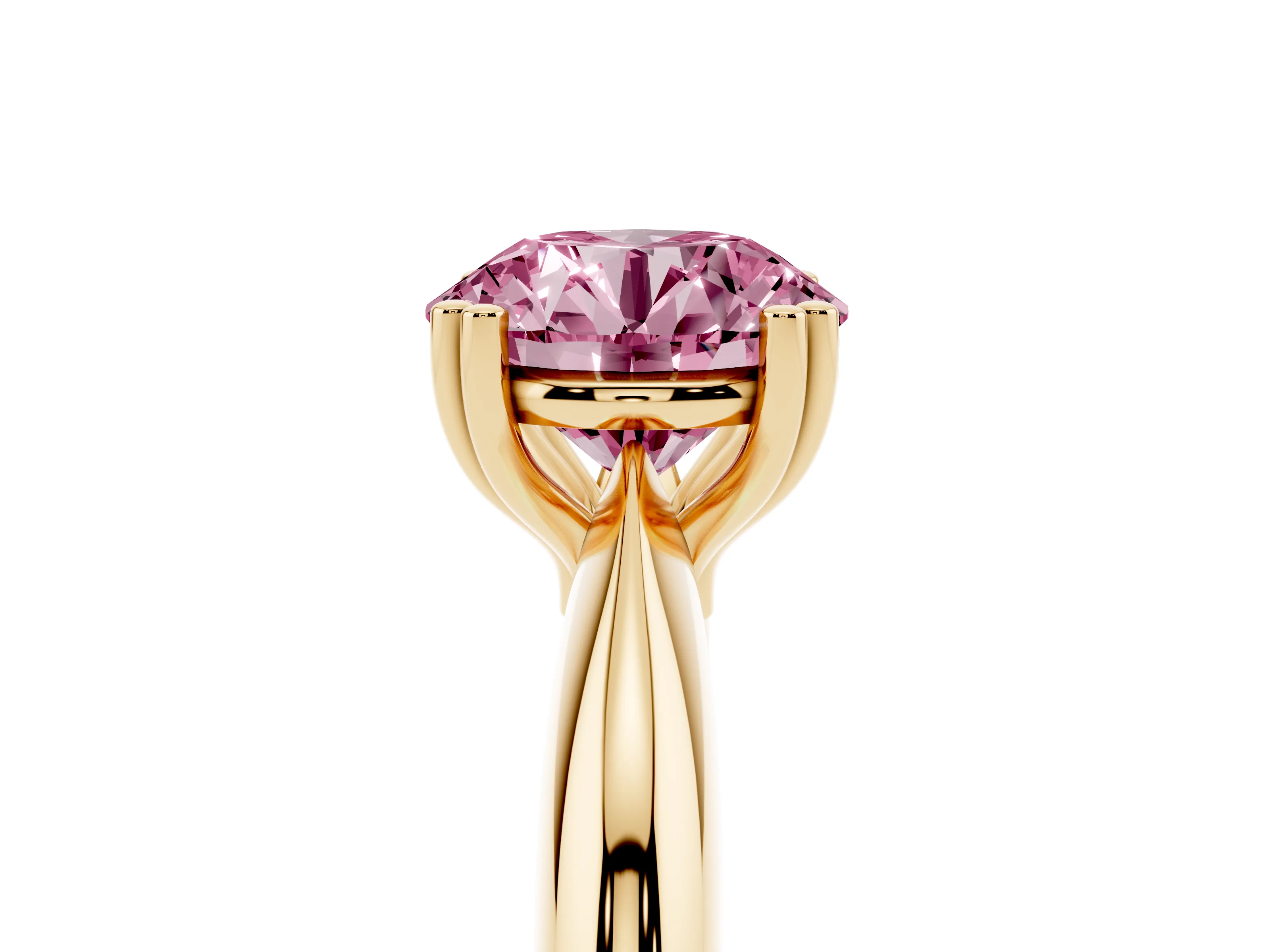 Fancy Pink Round Cut Diamond Solitaire Engagement Ring Set in Yellow gold with Tapered Band and Prong Setting