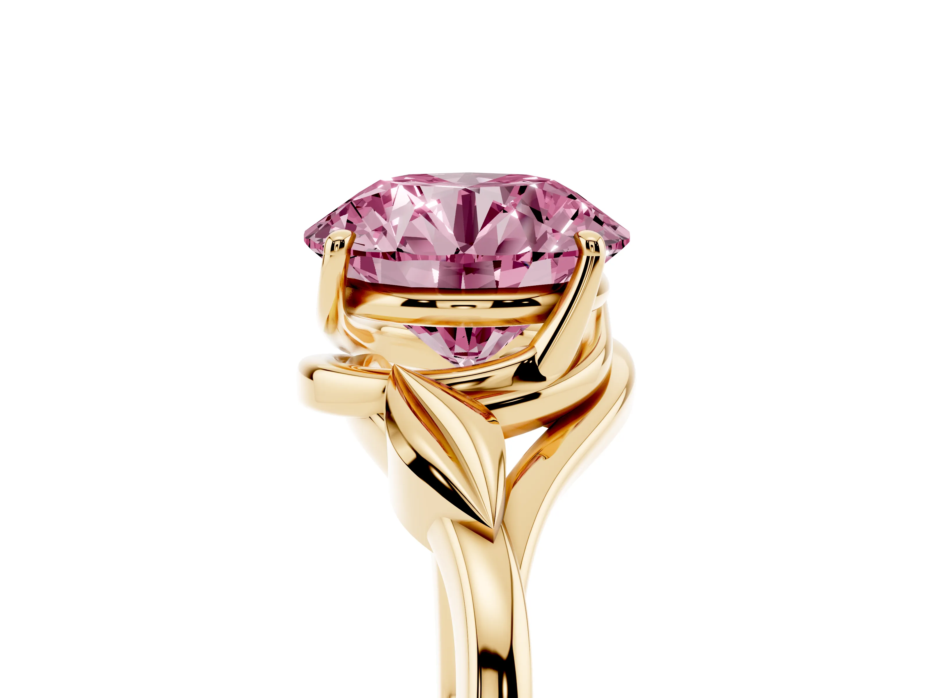 Fancy Pink Round Cut Diamond Solitaire Ring Set in Yellow gold with Polished Twist Band