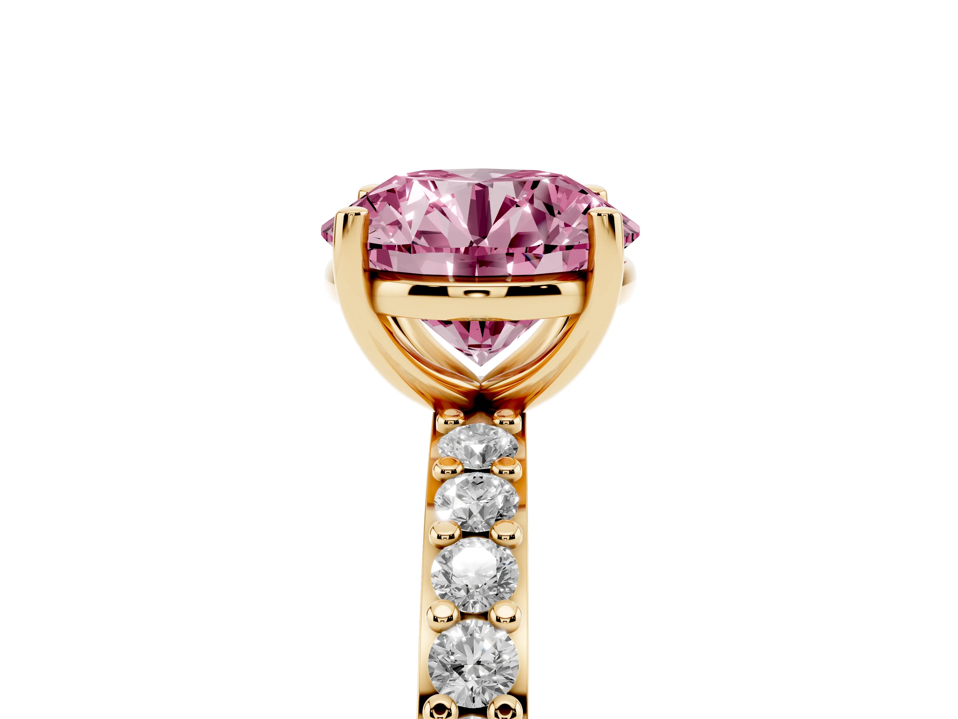 Fancy Pink Round Cut Diamond Solitaire Set in Yellow gold with Round Pavé Band and Prong Setting