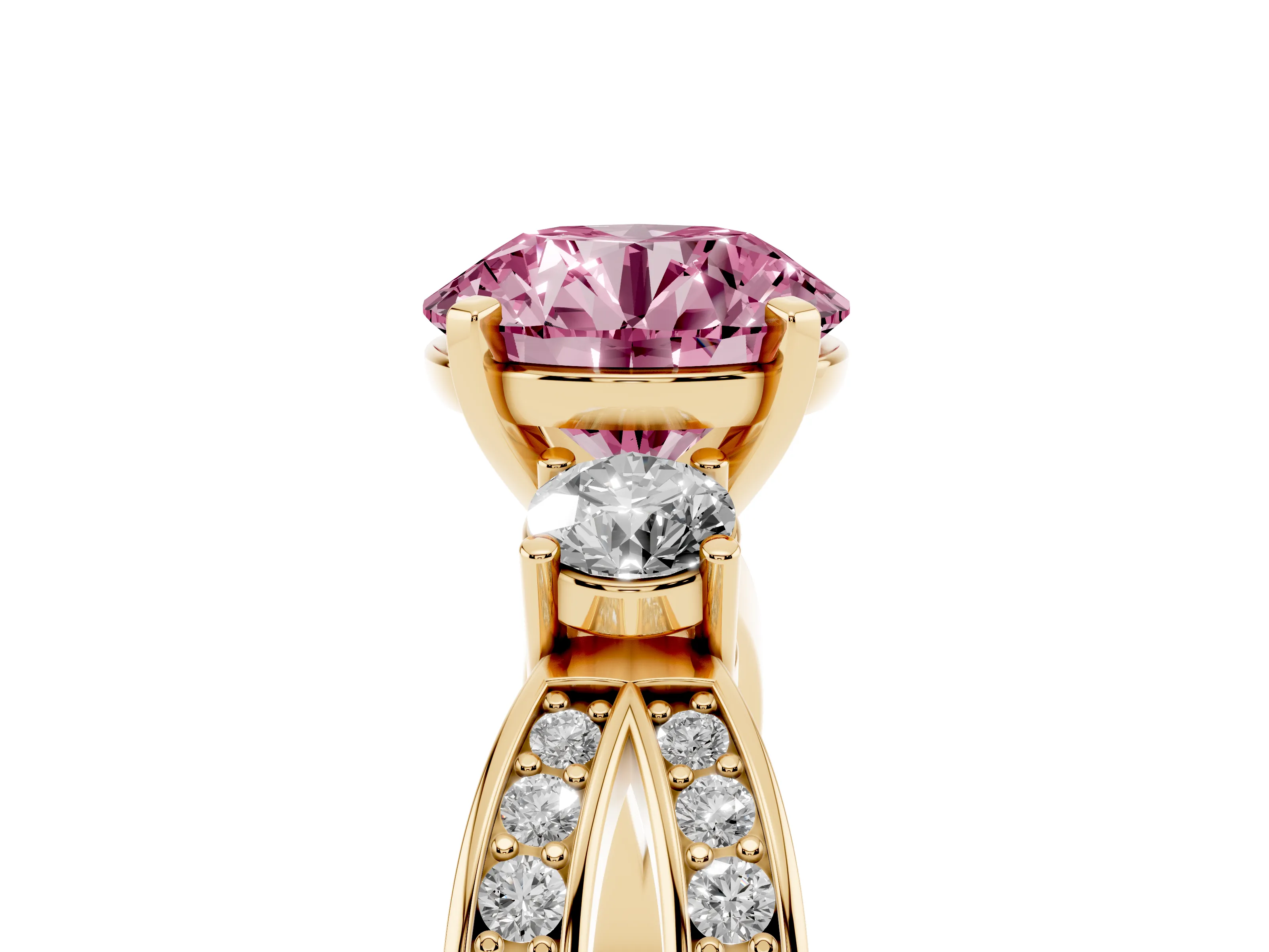 Fancy Pink Three-Stone Round Cut Diamond Twist Band Ring Set in Yellow gold with Pavé Accents and Prong Setting