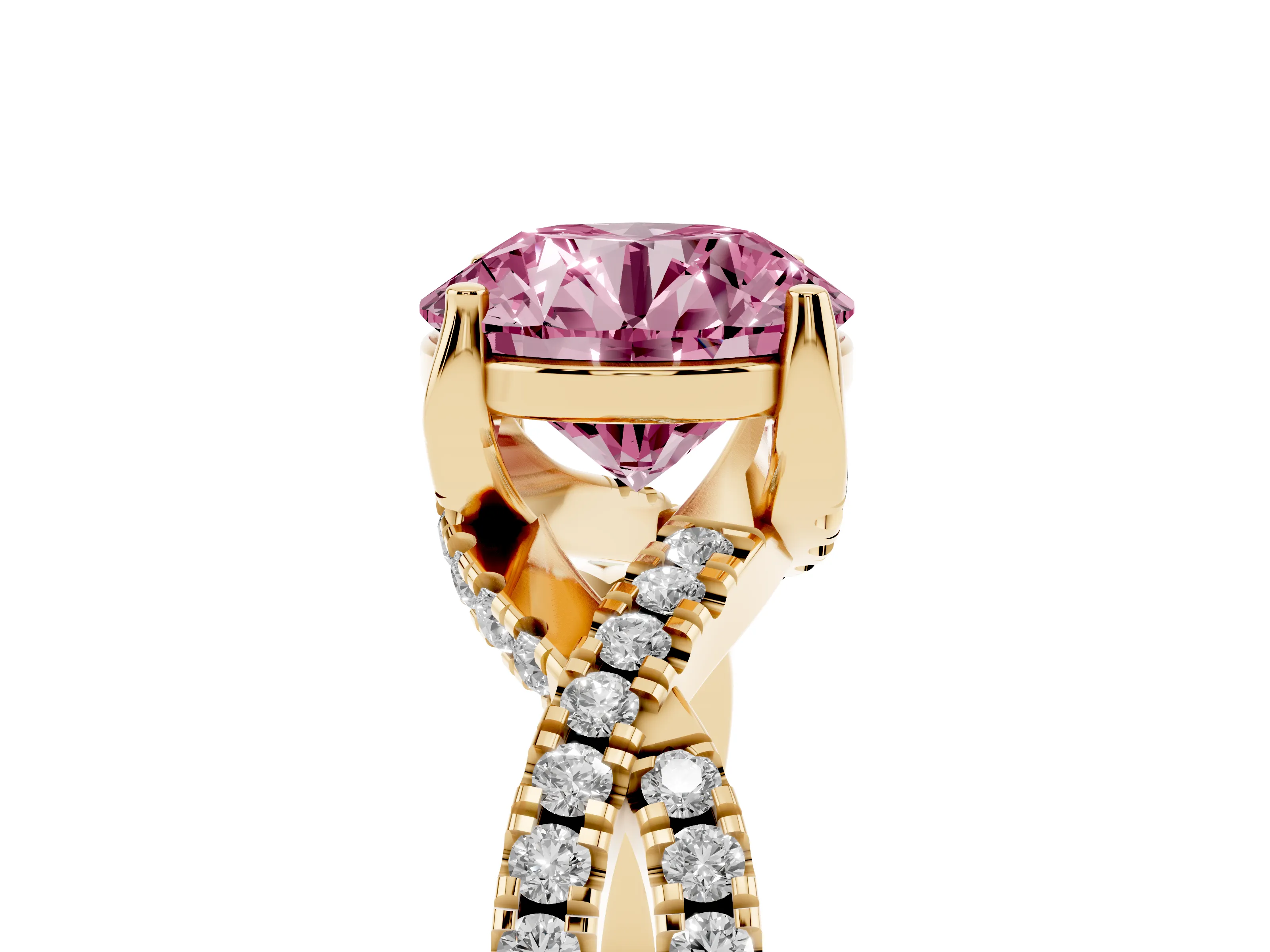 Fancy Pink Round Cut Diamond Twist Pavé Solitaire Engagement Ring Set in Yellow gold with Prong Setting