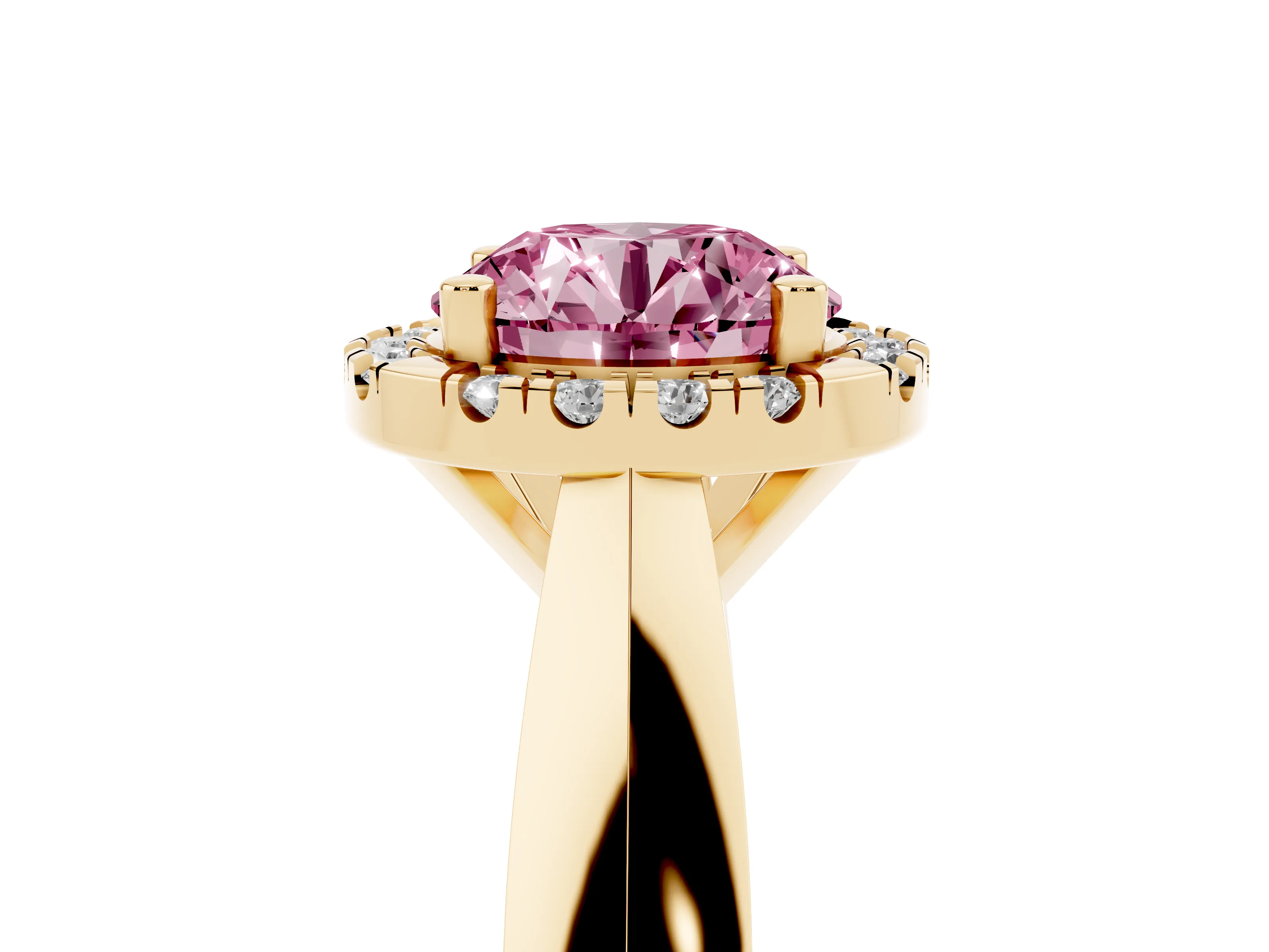 Fancy Pink Round Cut Diamond Halo Solitaire Engagement Ring Set in Yellow gold with Square Band and Prong Setting