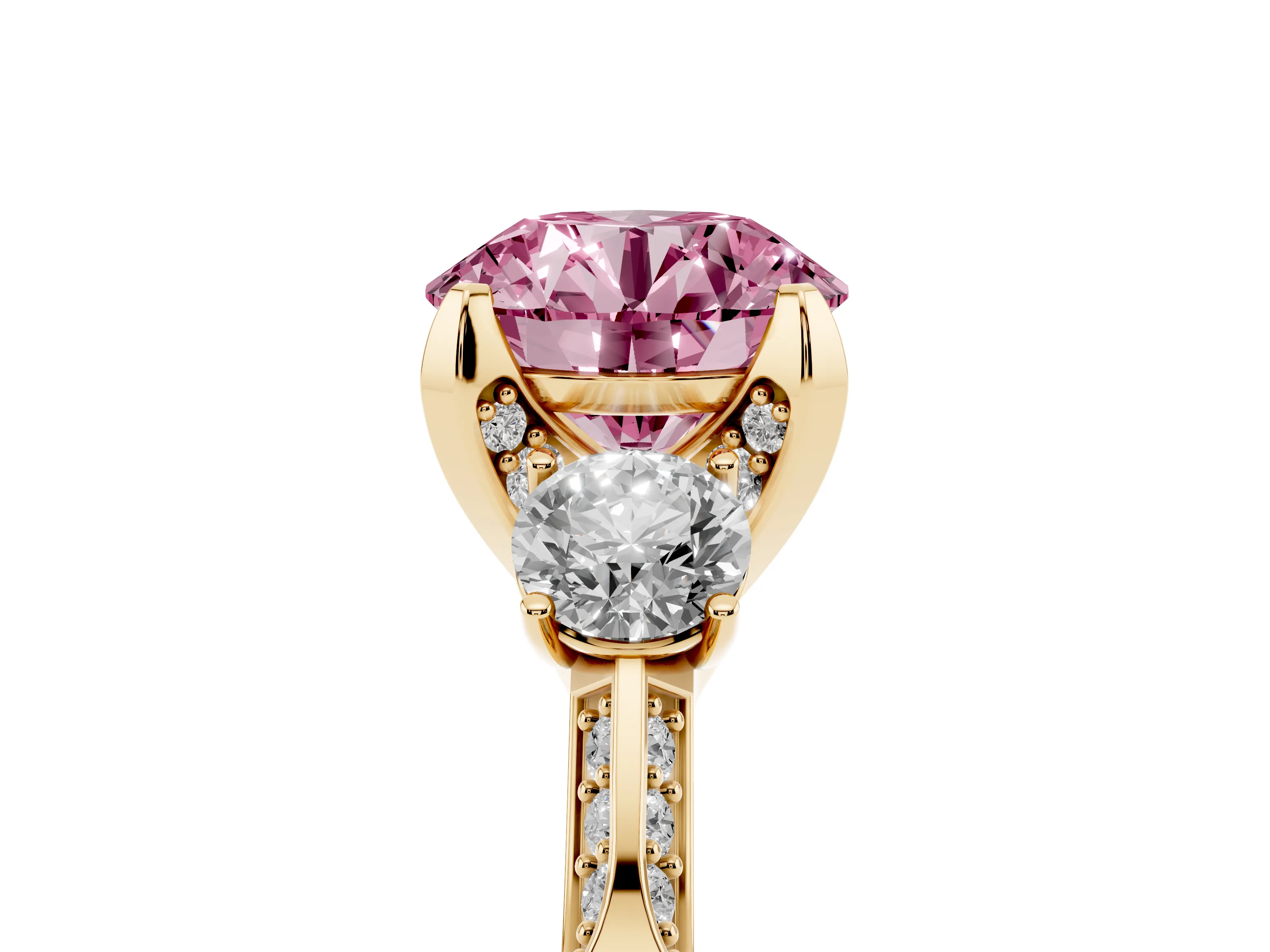Fancy Pink Round Cut Diamond Three-Stone Ring Set in Yellow gold with Pavé Band and Smaller Side Stones