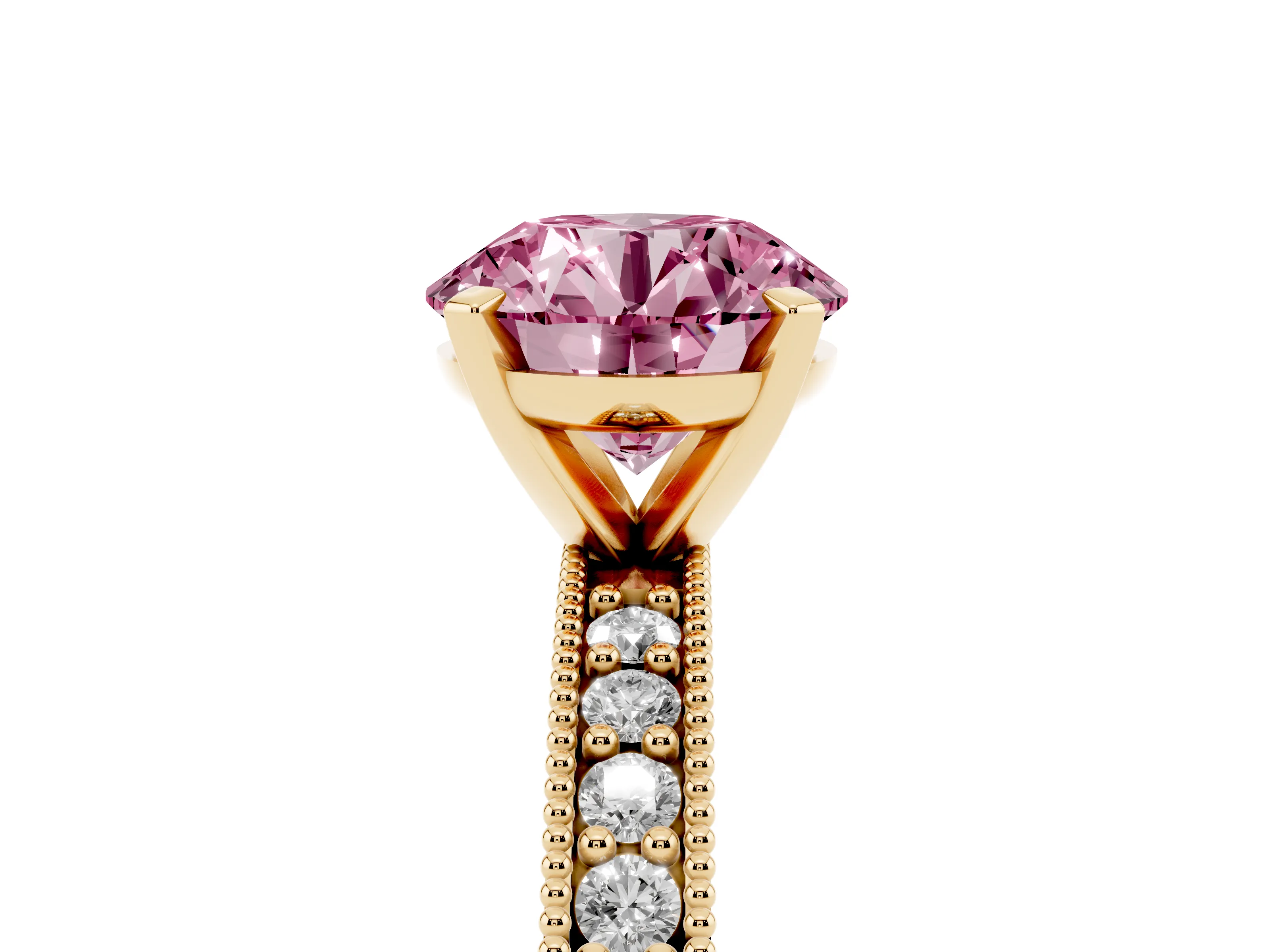 Fancy Pink Round Cut Diamond Milgrain Pavé Engagement Ring Set in Yellow gold with Prong Setting