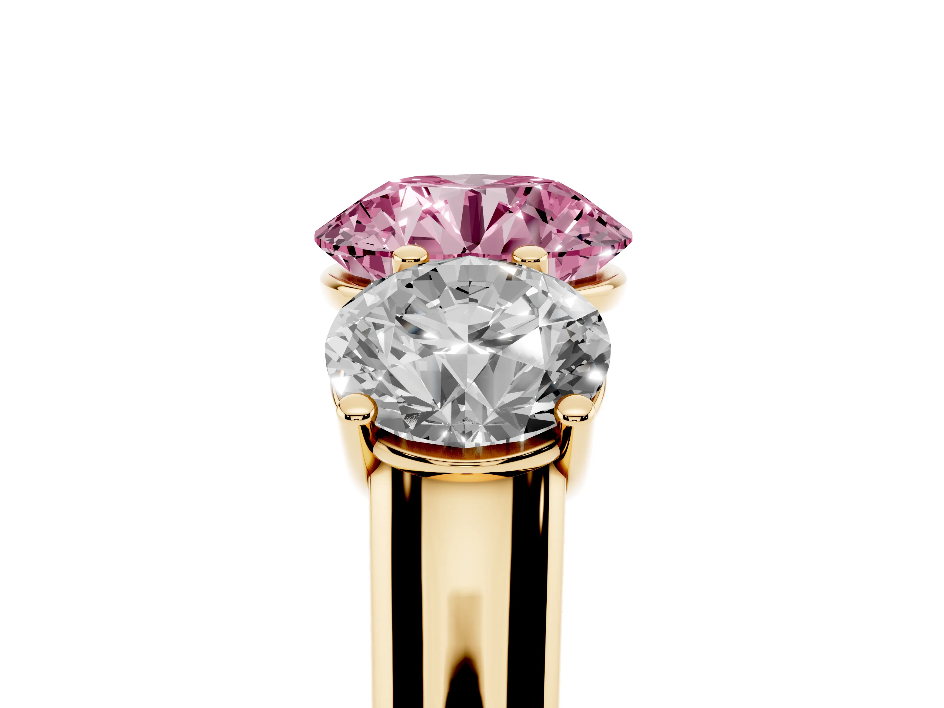 Fancy Pink Round Cut Diamond Three-Stone Ring Set in Yellow gold with Plain Polished Band