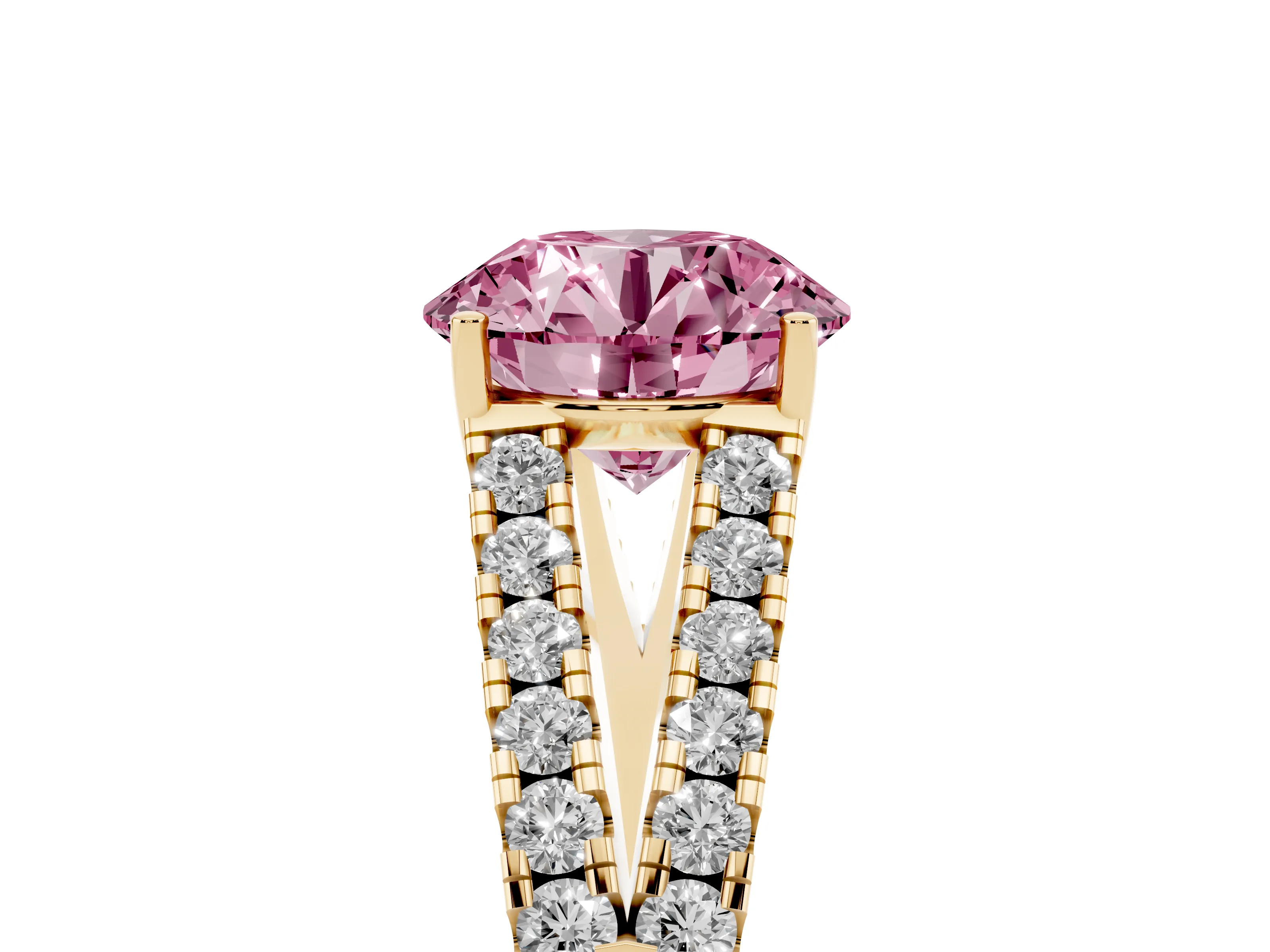 Fancy Pink Round Cut Diamond Split Shank Pavé Engagement Ring Set in Yellow gold with Prong-Held Center Stone