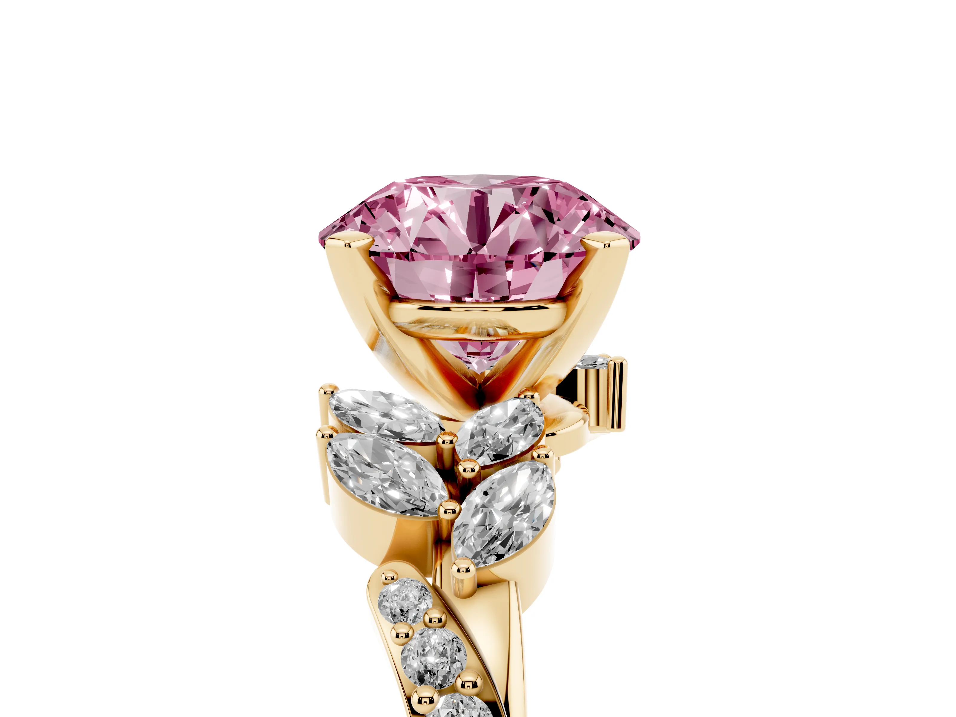 Fancy Pink Round Cut Diamond Solitaire Ring Set in Yellow gold with Marquise Twist Band and Prong Setting