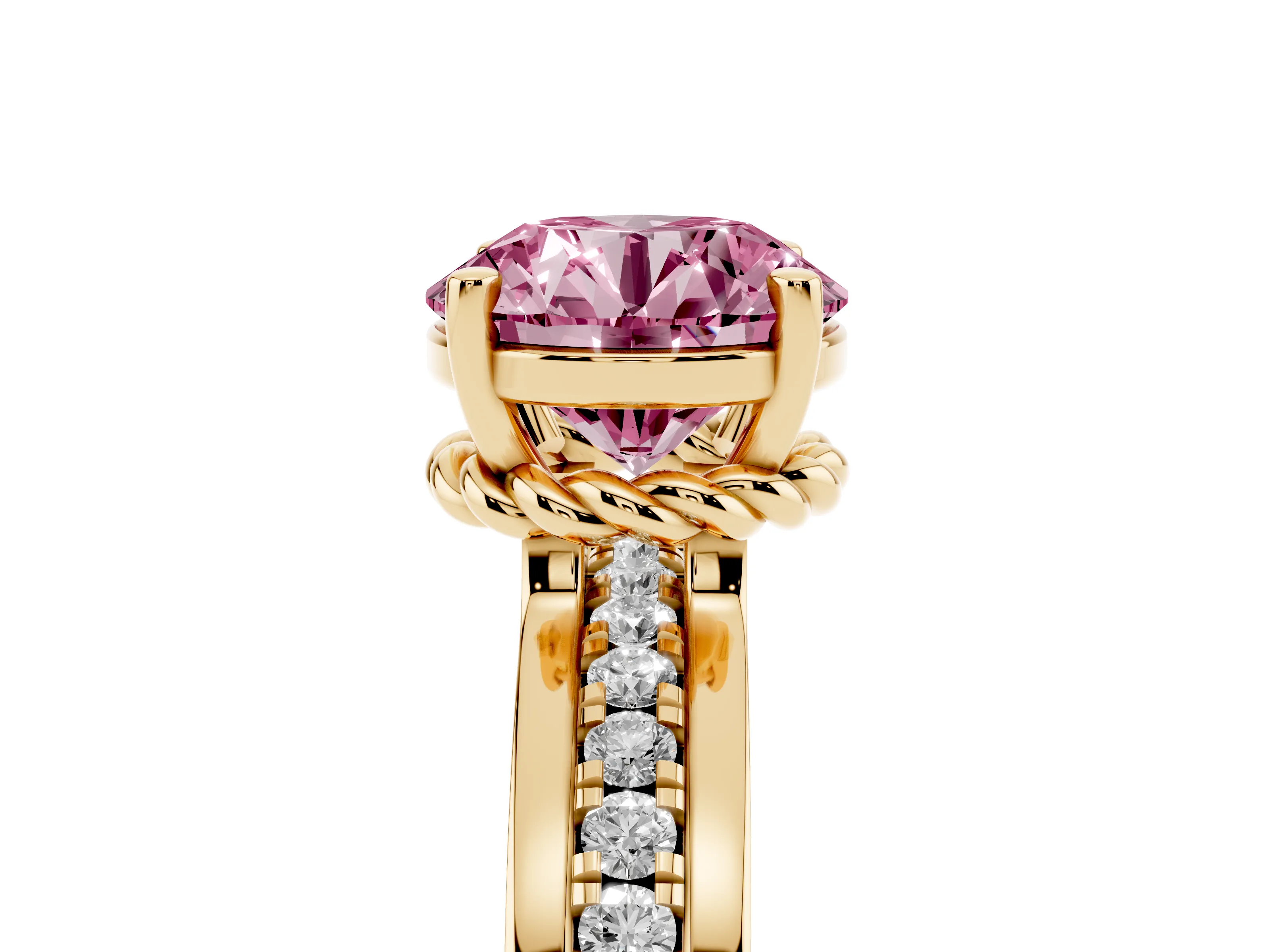 Fancy Pink Round Cut Diamond Solitaire Ring Set in Yellow gold with Channel Set Band and Prong Setting