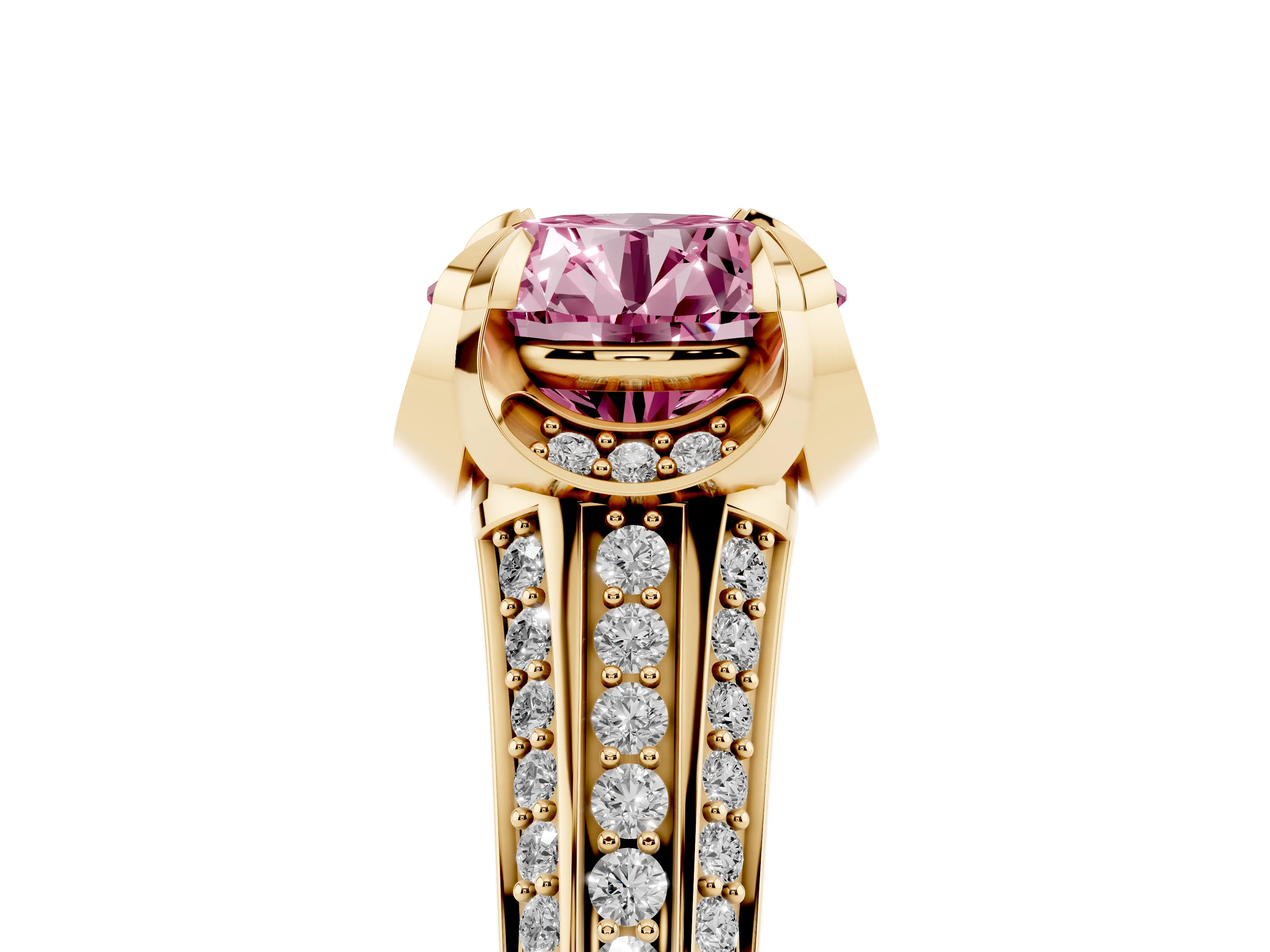 Fancy Pink Round Cut Diamond Pavé Split Shank Solitaire Ring Set in Yellow gold with Prong Setting