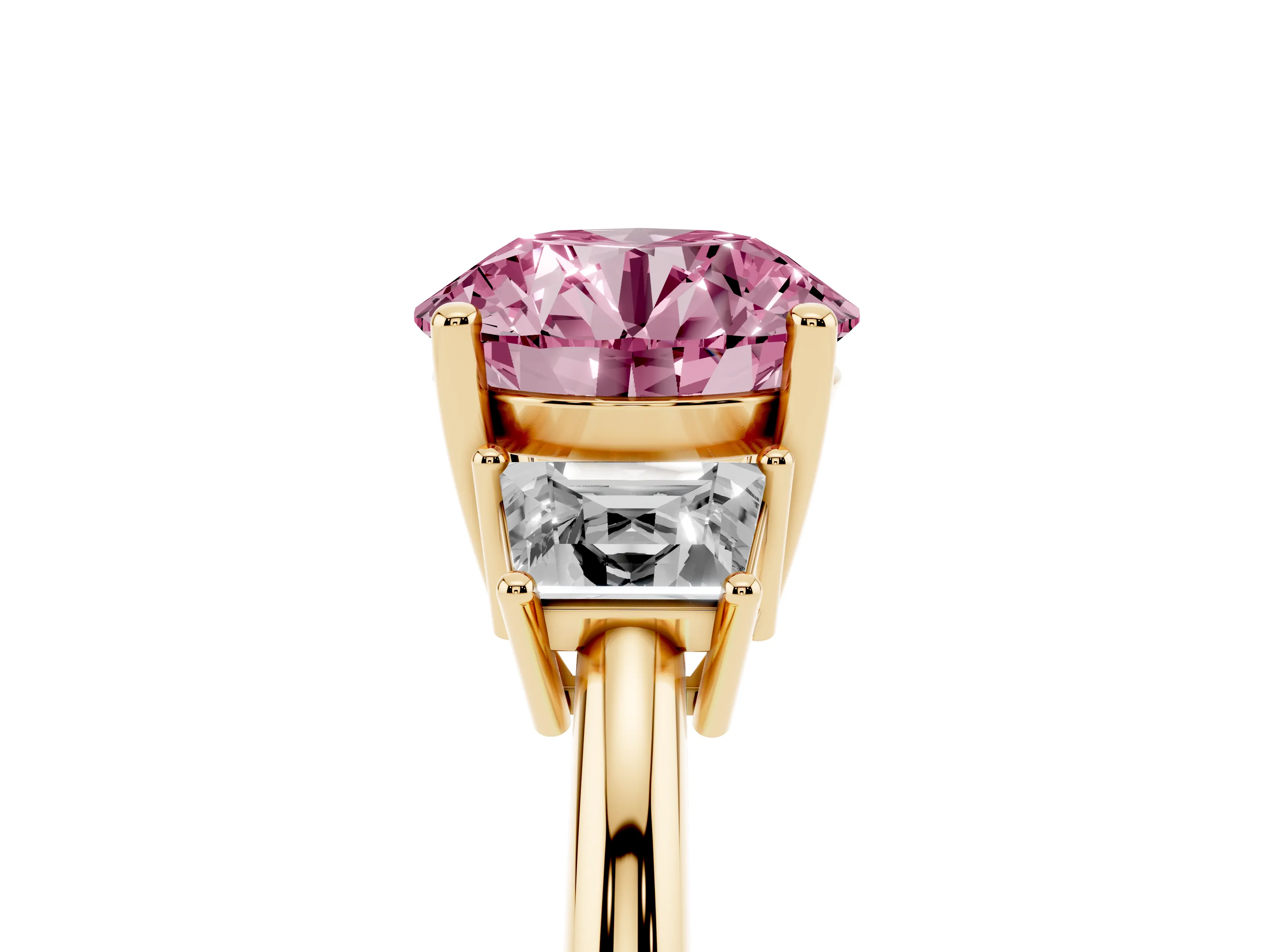 Fancy Pink Round Cut Diamond Three-Stone Ring Set in Yellow gold with Trapezoid Side Stones and Prong Setting