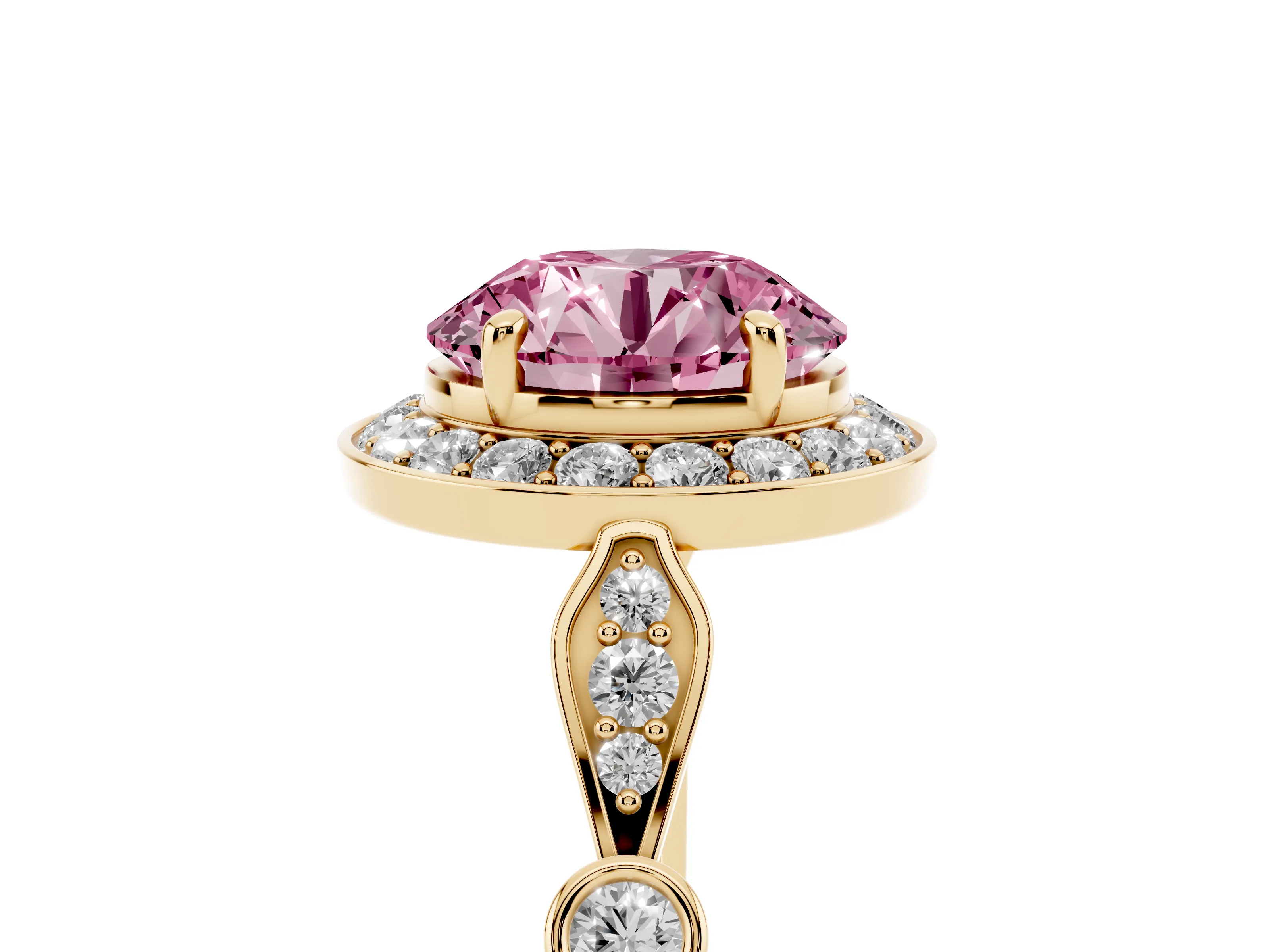 Fancy Pink Round Cut Diamond Halo Engagement Ring Set in Yellow gold with Twisted Band and Prong Setting