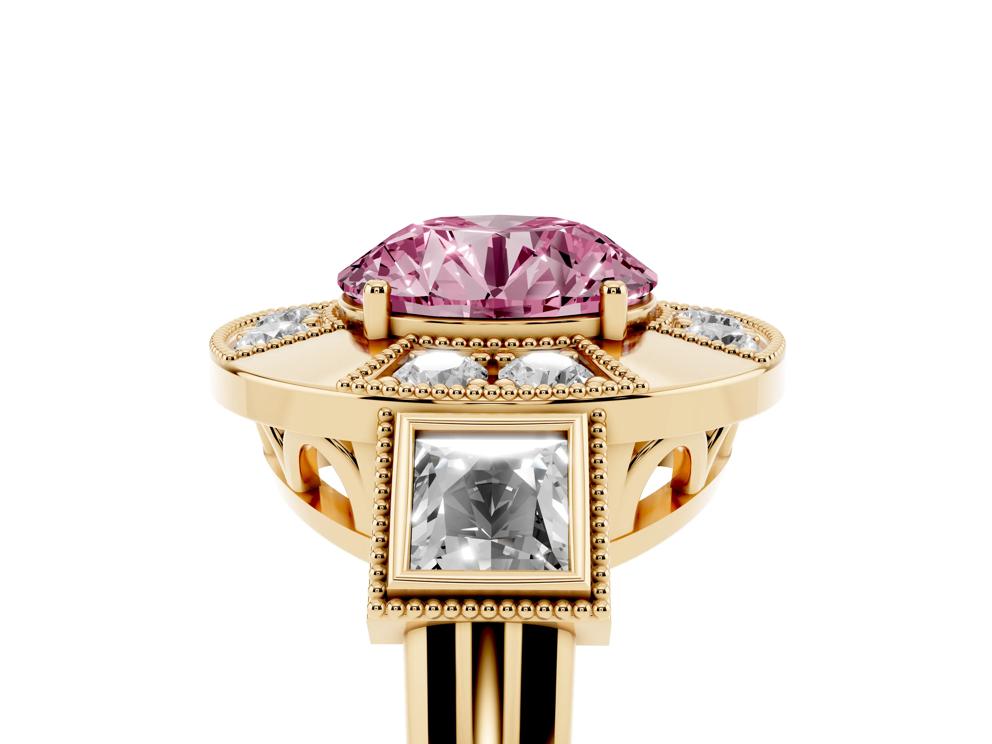 Fancy Pink Round Cut Diamond Milgrain Halo Ring Set in Yellow gold with Split Shank