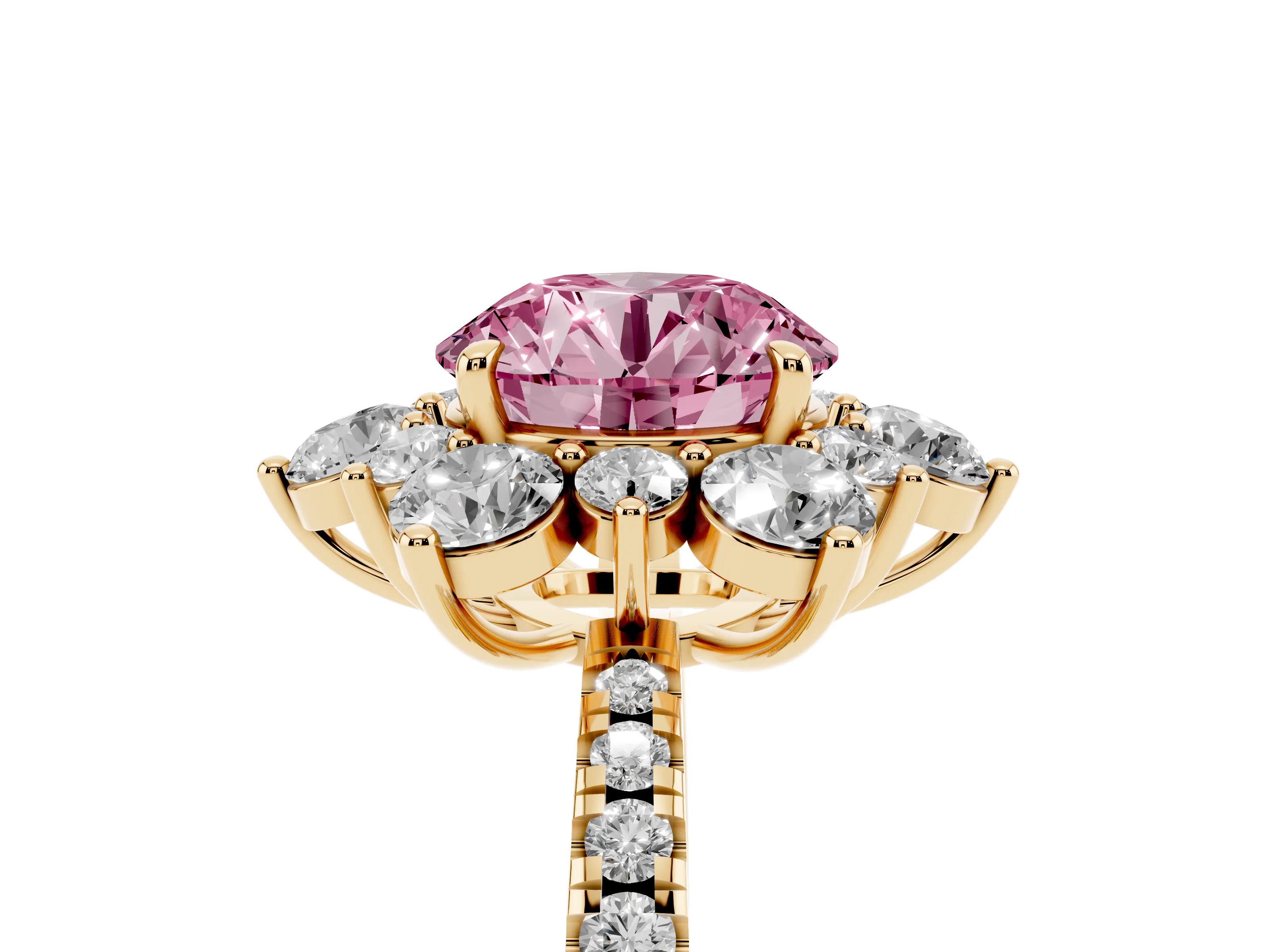 Fancy Pink Round Cut Diamond Floral Halo Ring Set in Yellow gold with Round Pavé Band and Prong Setting