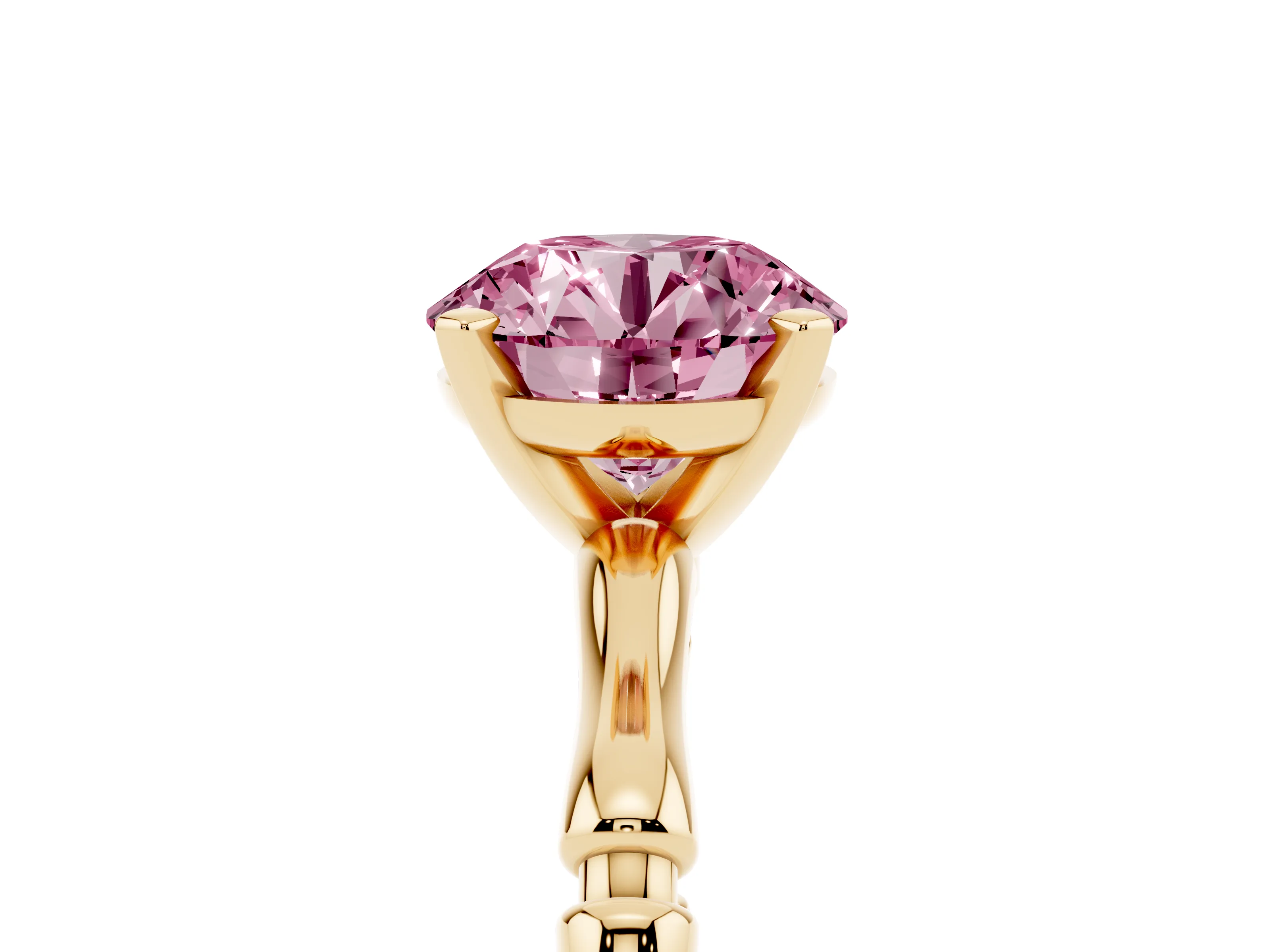Fancy Pink Round Cut Diamond Solitaire Ring Set in Yellow gold with Bamboo Band and Prong Setting