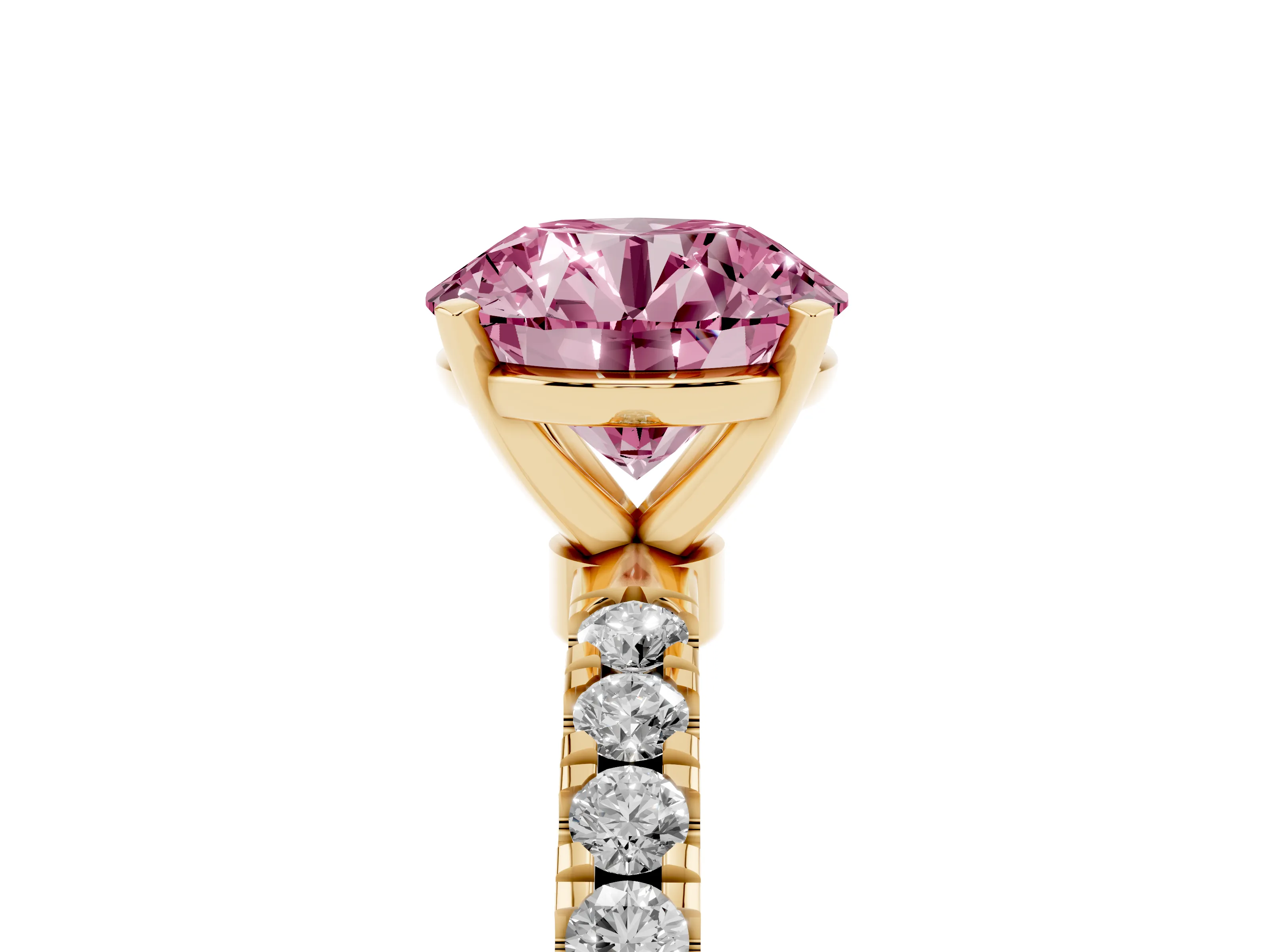 Fancy Pink Round Cut Diamond Solitaire Ring Set in Yellow gold with Pavé Accents and Prong Setting