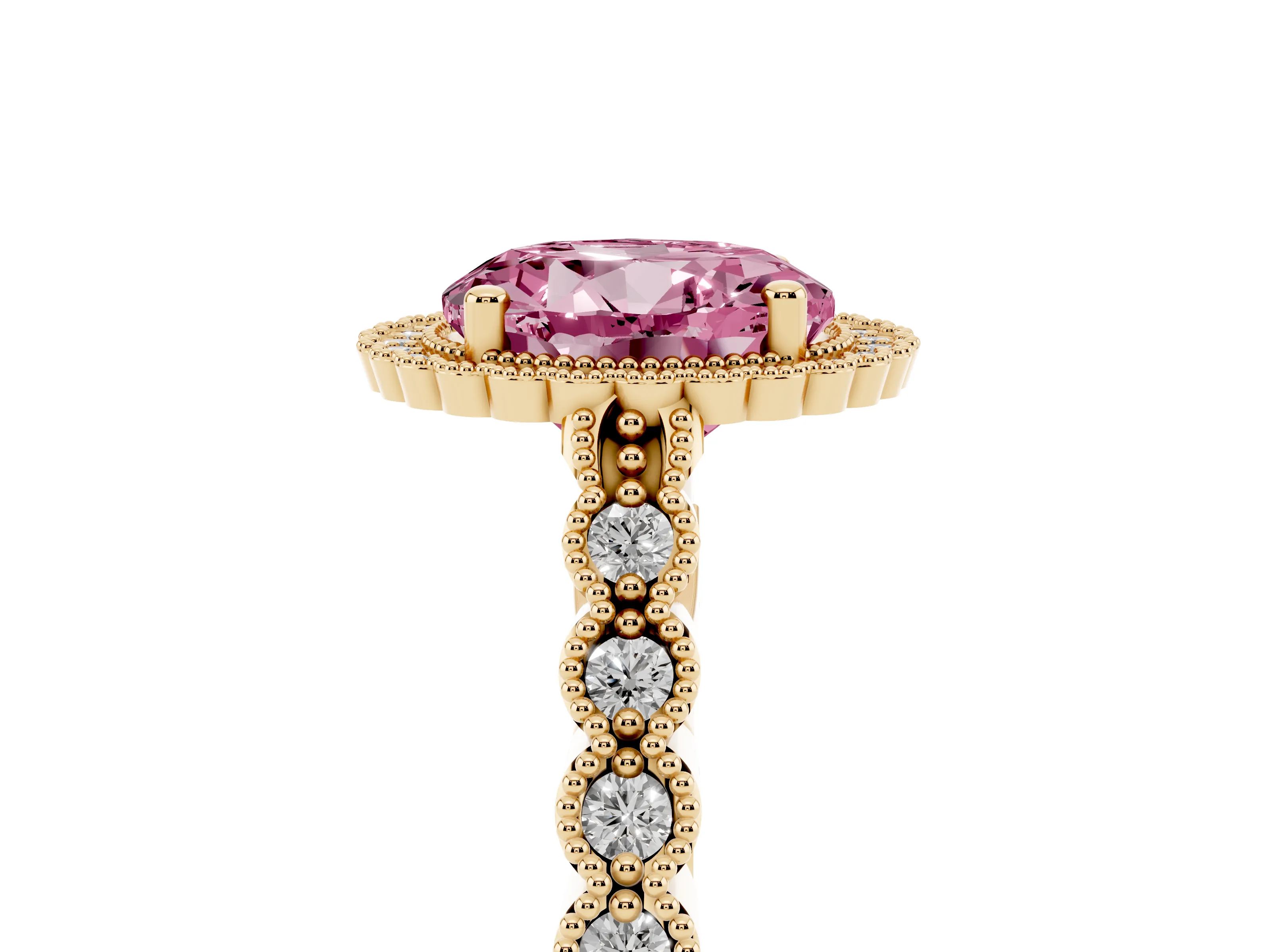 Fancy Pink Round Cut Diamond Halo Ring Set in Yellow gold with Pavé Milgrain Band