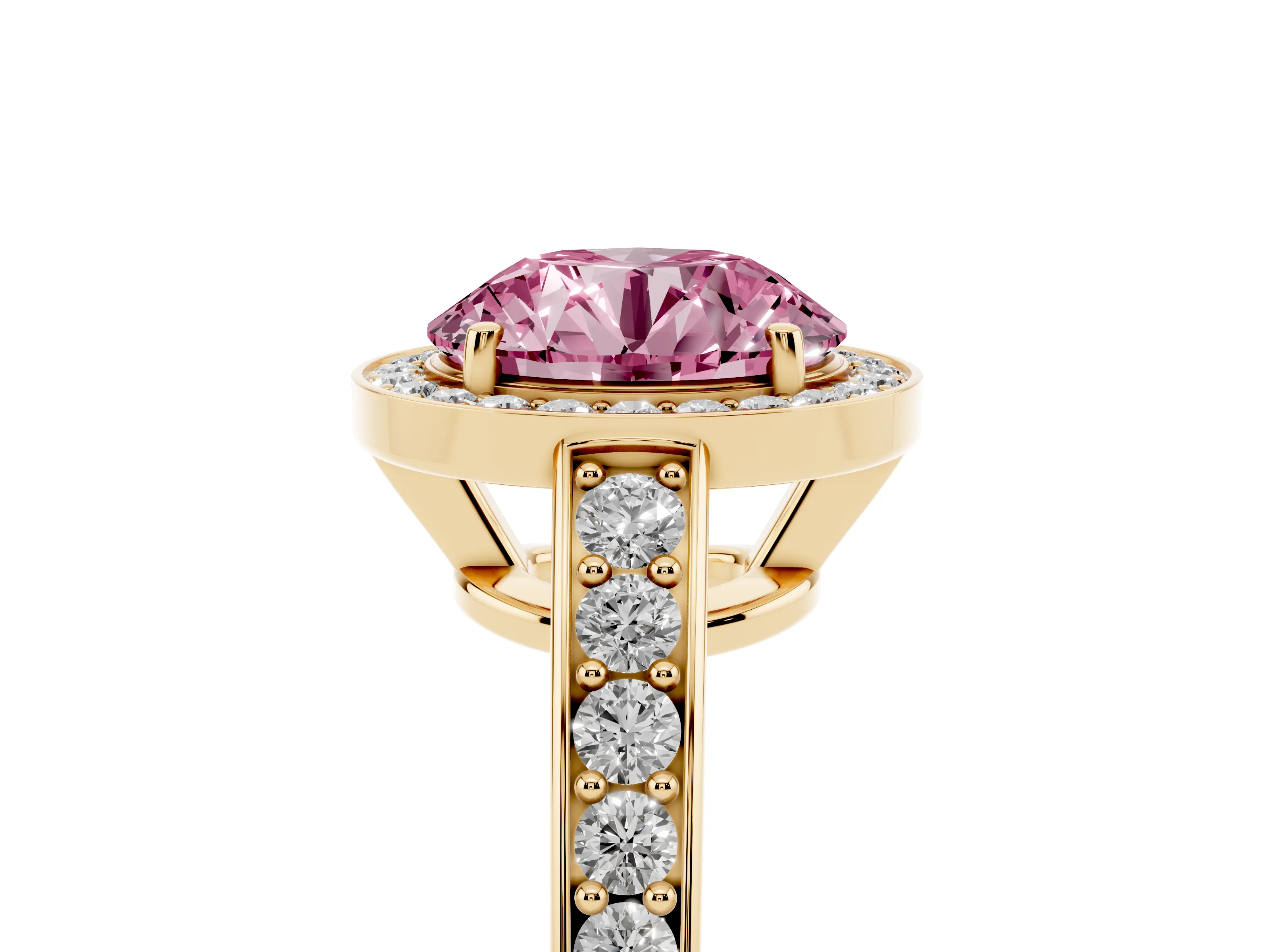 Fancy Pink Round Cut Diamond Halo Pavé Engagement Ring Set in Yellow gold with Bezel Setting