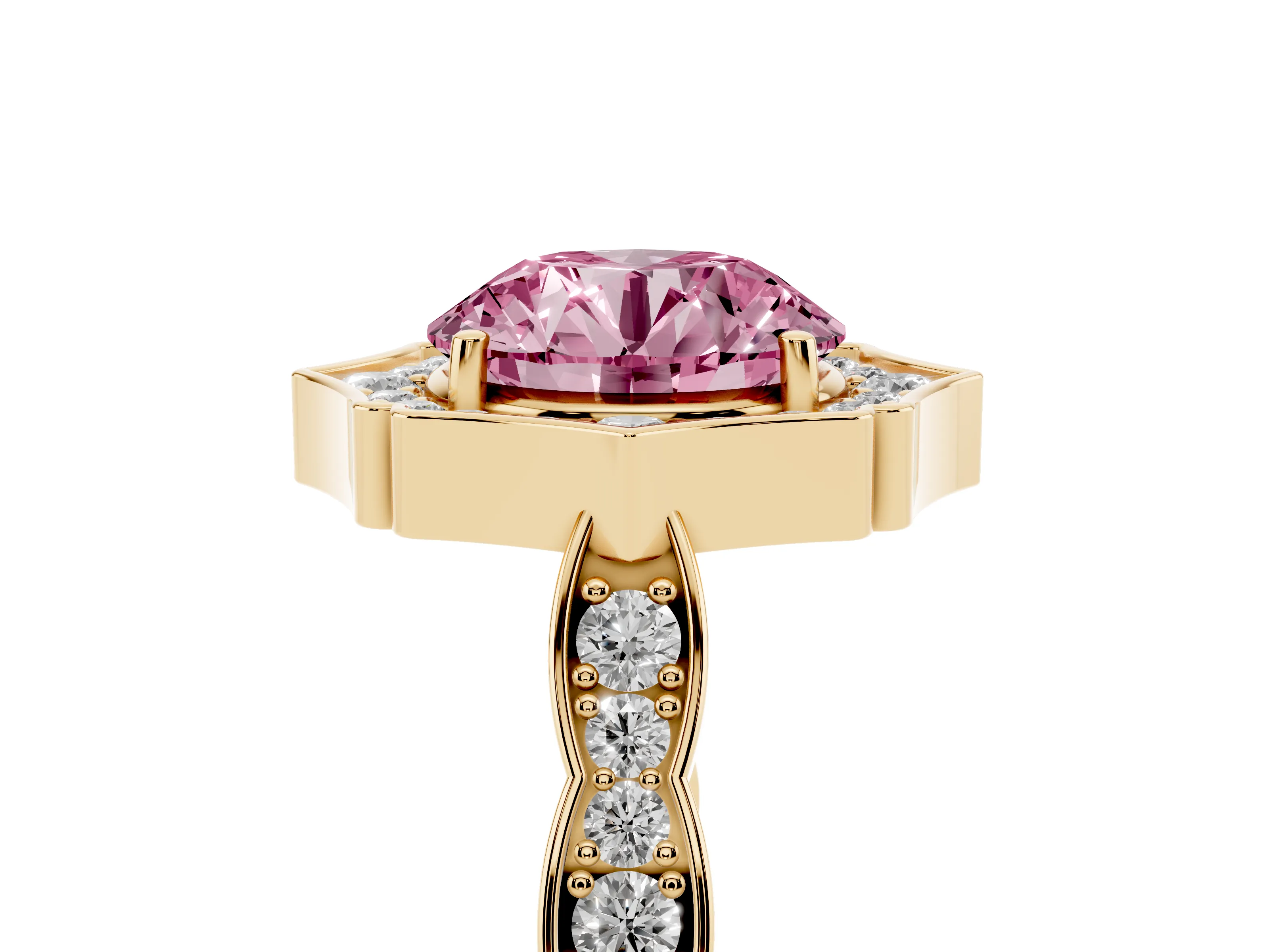 Fancy Pink Round Cut Diamond Halo Engagement Ring Set in Yellow gold with Milgrain Band and Prong Setting