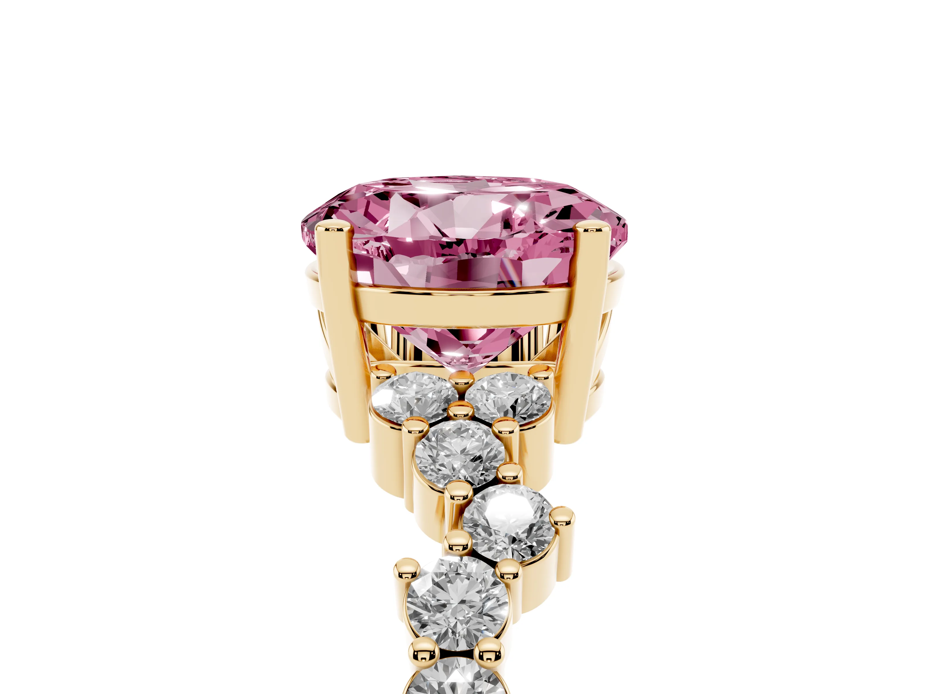 Fancy Pink Round Cut Diamond Ring Set in Yellow gold with Scattered Round Accents