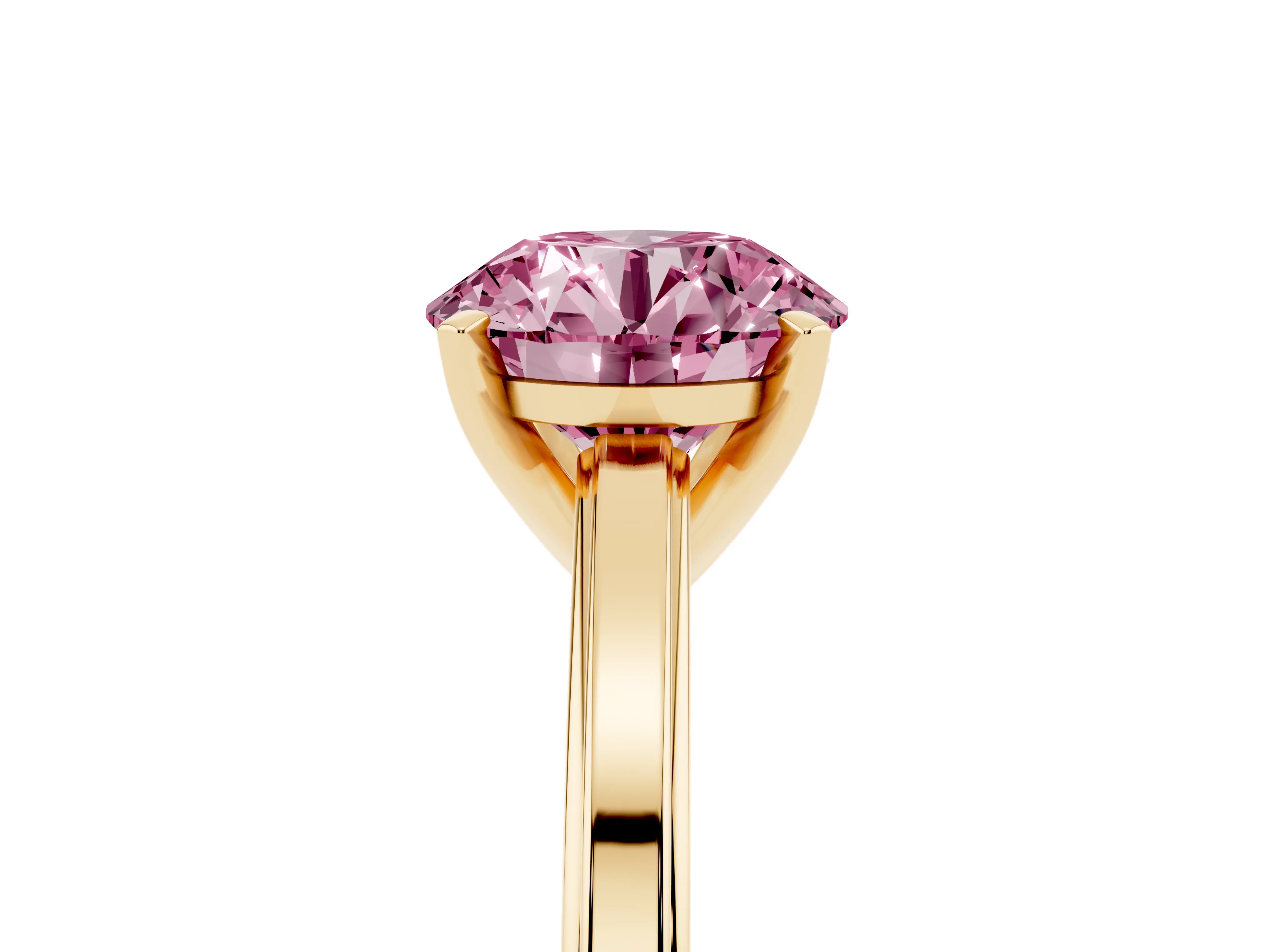 Fancy Pink Round Cut Diamond Solitaire Ring Set in Yellow gold with Prong Setting and Classic Band