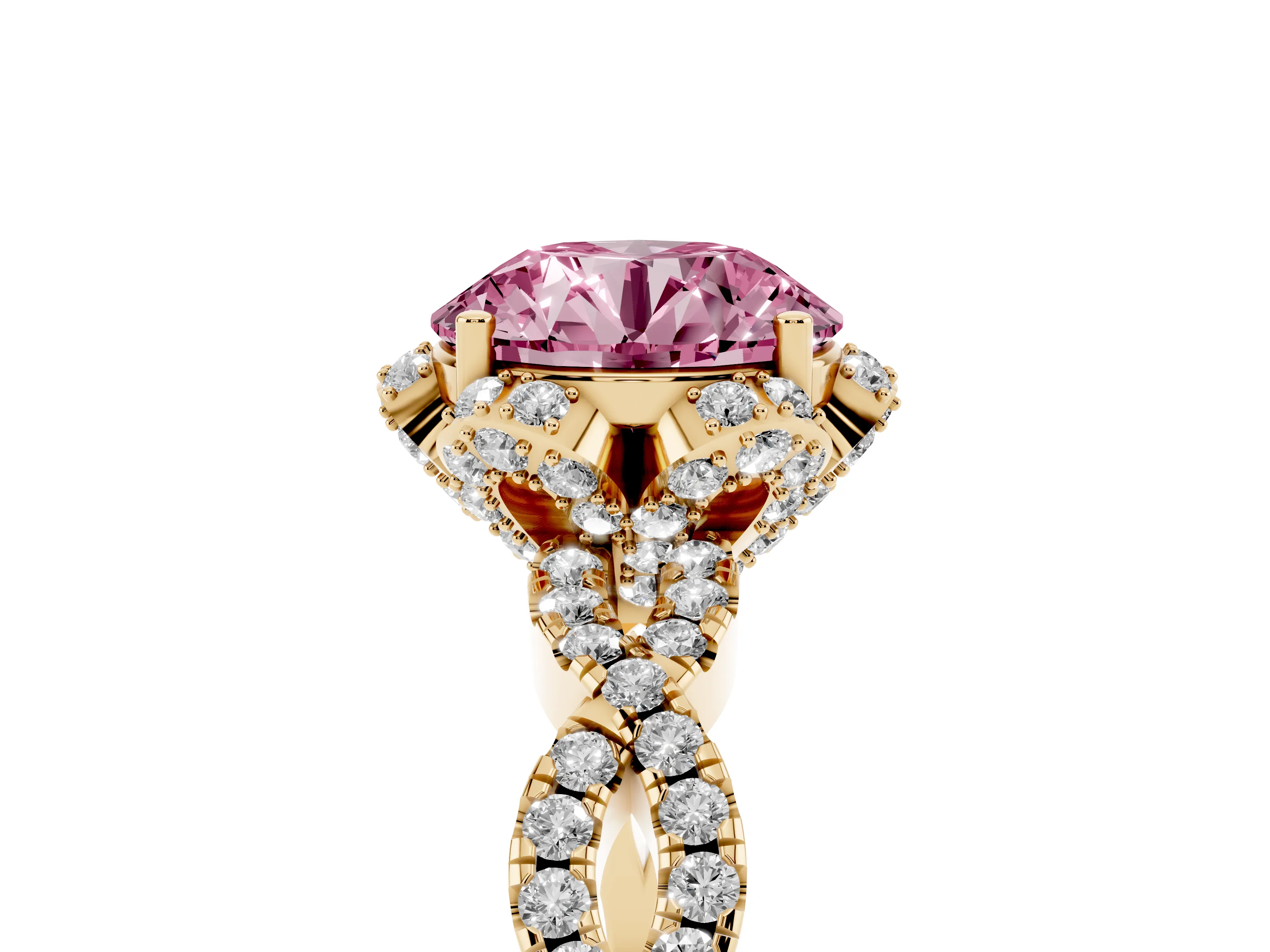 Fancy Pink Round Cut Diamond Halo Twist Band Solitaire Ring Set in Yellow gold with Prong-Set Center Stone