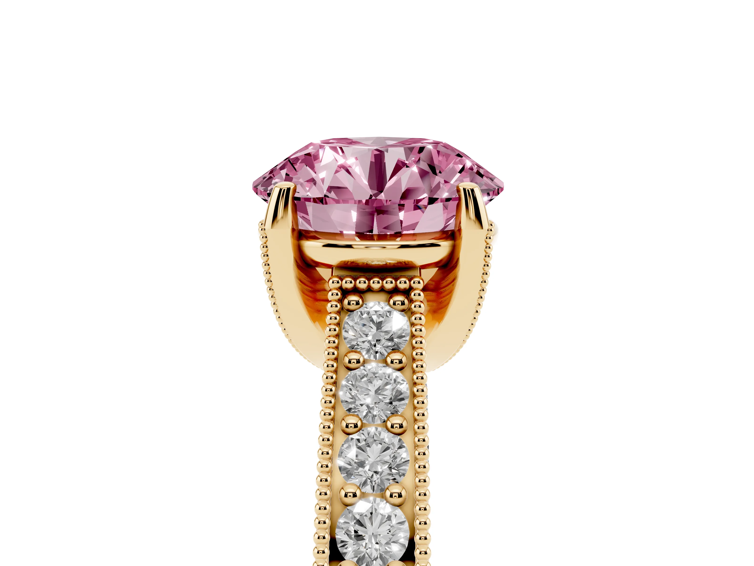 Fancy Pink Round Cut Diamond Solitaire Ring Set in Yellow gold with Milgrain-Edged Pavé Band and Prong Setting