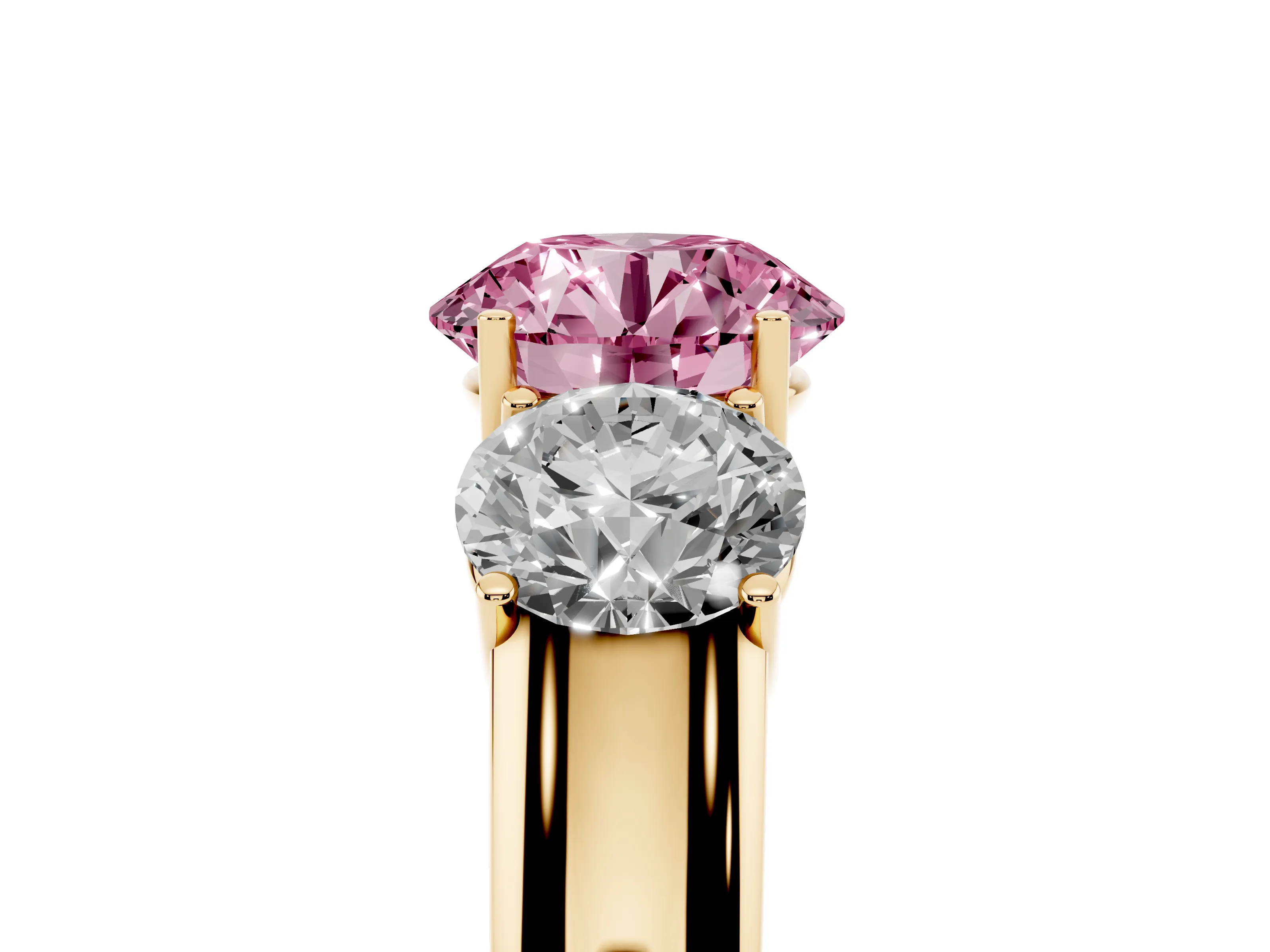 Fancy Pink Three-Stone Round Cut Diamond Ring Set in Yellow gold with Matching Prong Settings and Plain Band