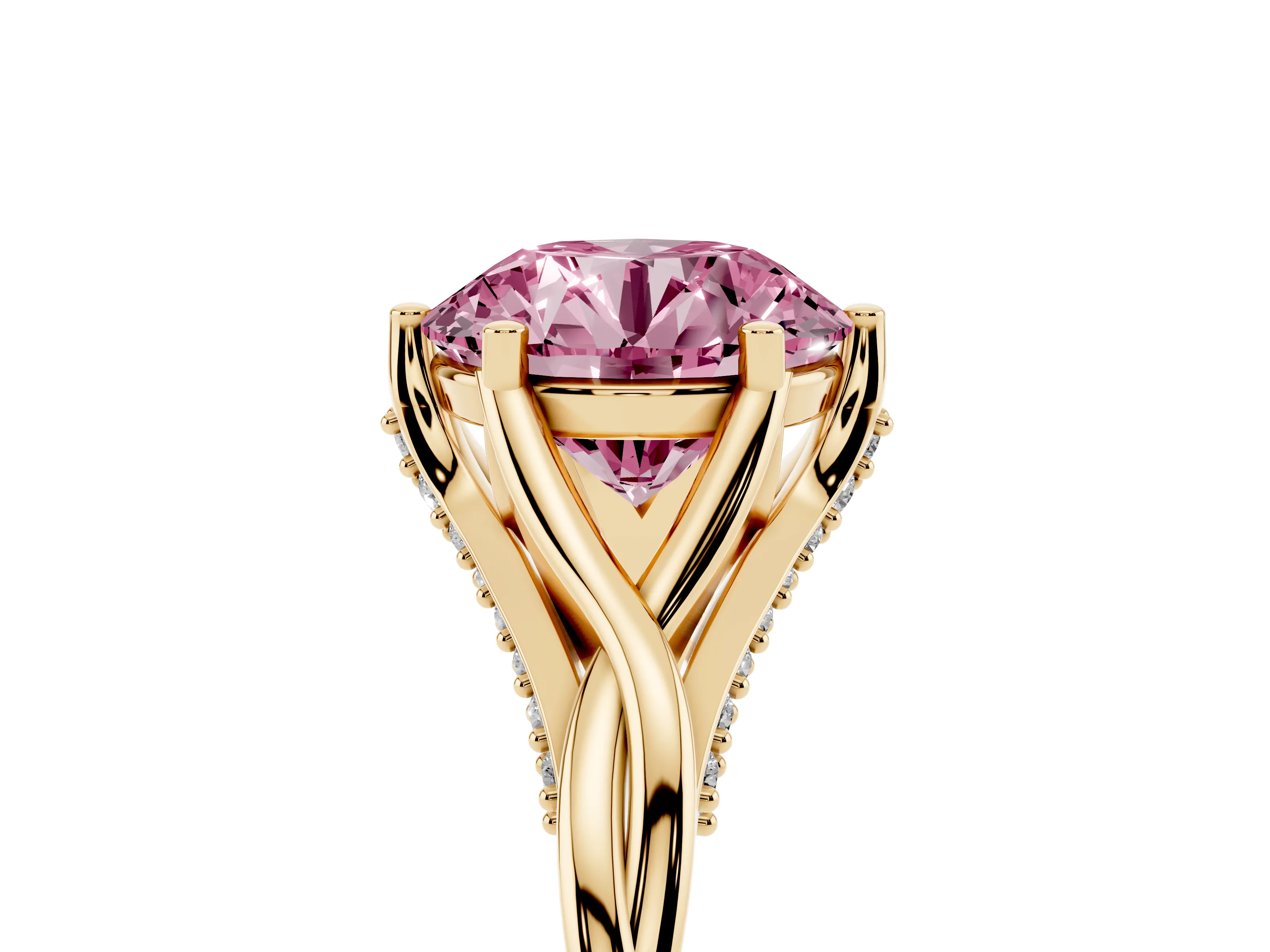 Fancy Pink Round Cut Diamond Intertwined Twist Band Solitaire Ring Set in Yellow gold with Prong Setting